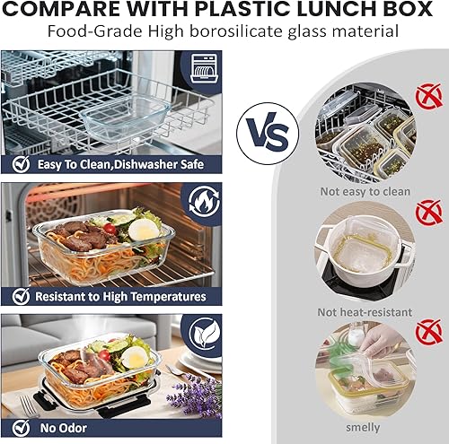 Miniatura 5 de HOTEC Recipiente de vidrio de almacenamiento de alimentos de 35 onzas, recipientes herméticos de vidrio para frutas con tapas, apto para microondas,