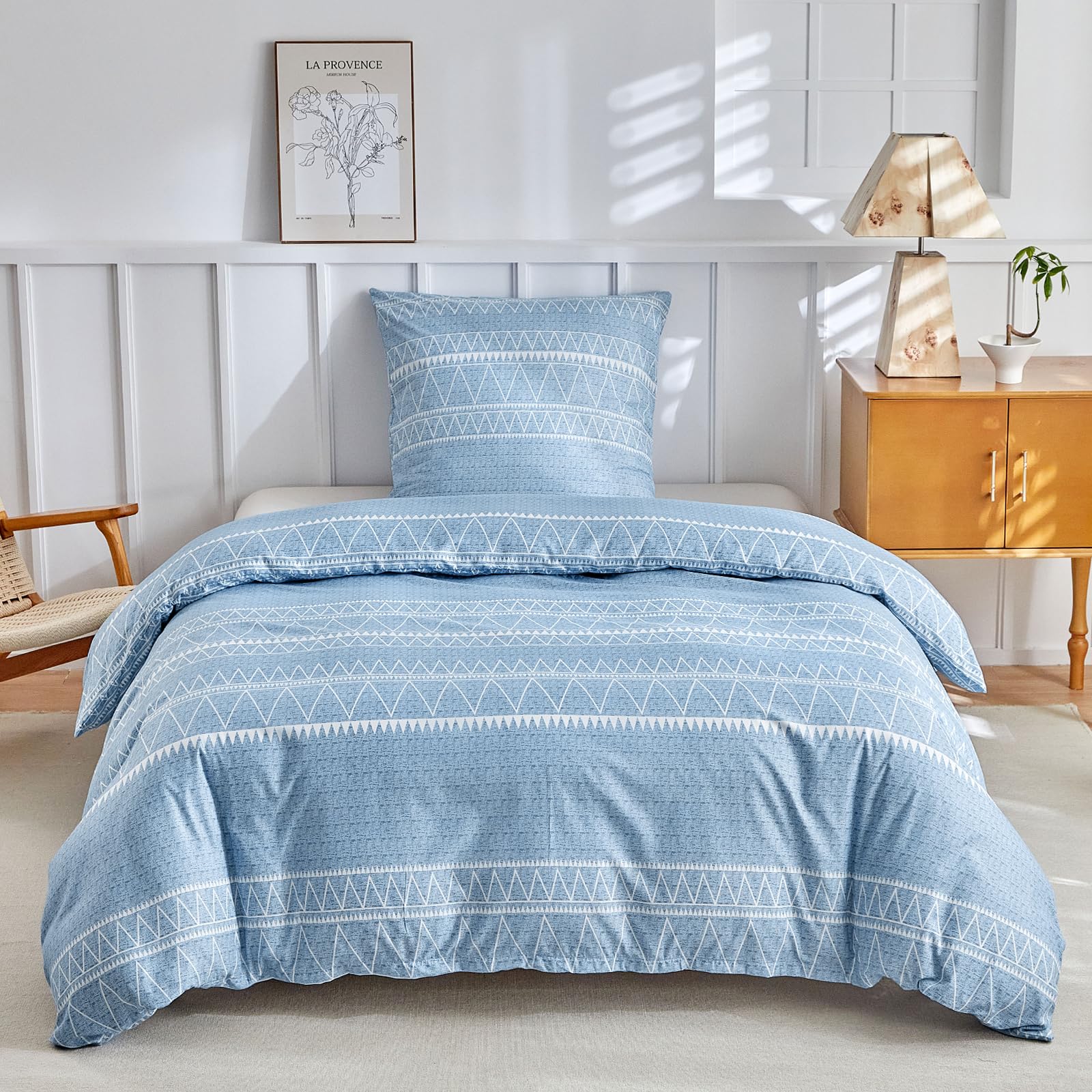 Lekesky Single Duvet Cover Set Blue Bedding - Boho Stripe Print Single Duvet Cover with Zi...