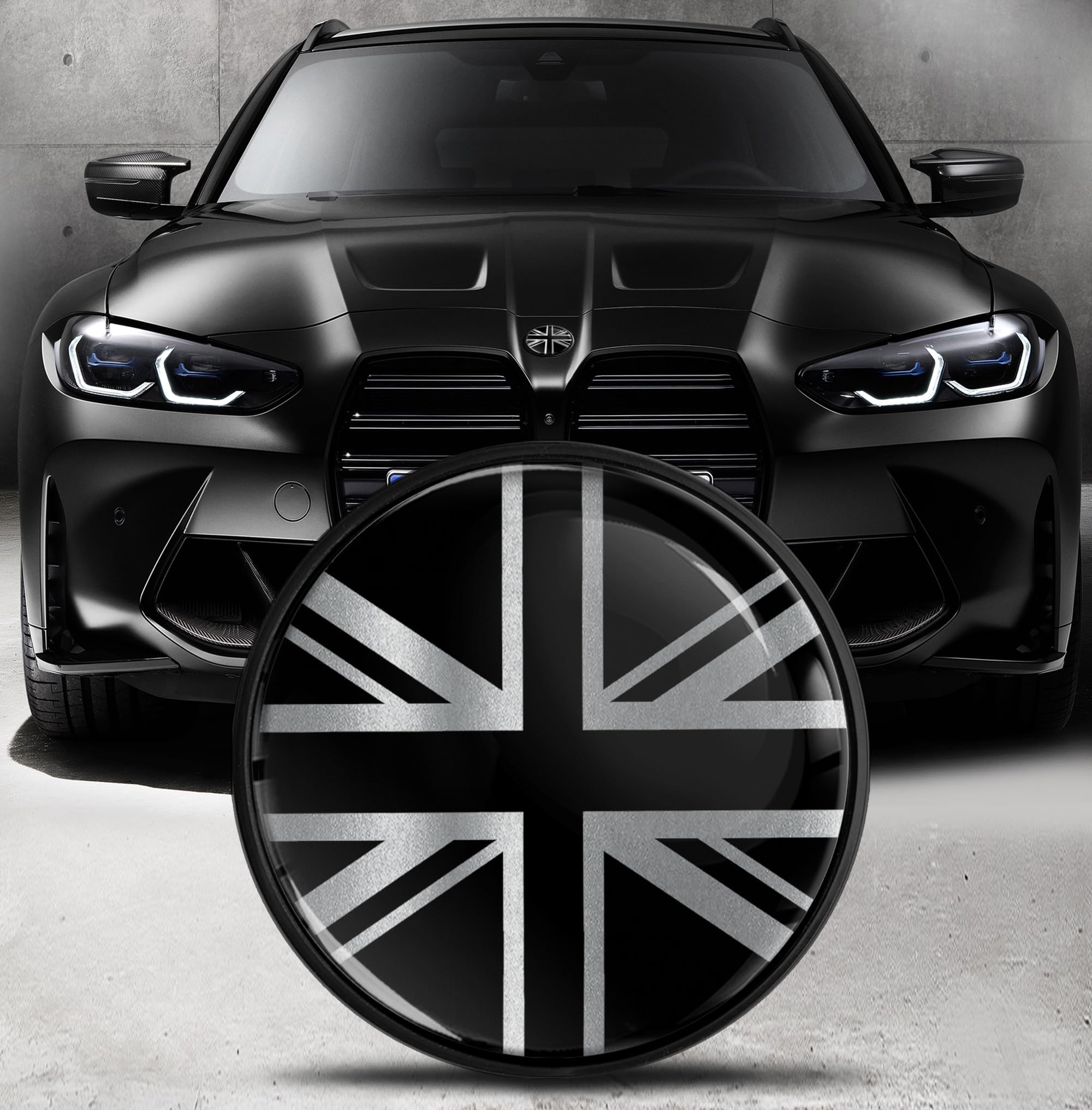 Biomar Labs Front Hood Trunk Tuning Badge 82 mm Compatible with BMW Emblem 51148132375 (Black UK Flag EO 21)