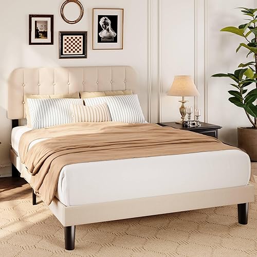 Miniatura 3 de Gizoon Base de cama Queen con cabecero, cama de plataforma tapizada con listones de madera resistentes, sin ruido, no necesita somier, fácil