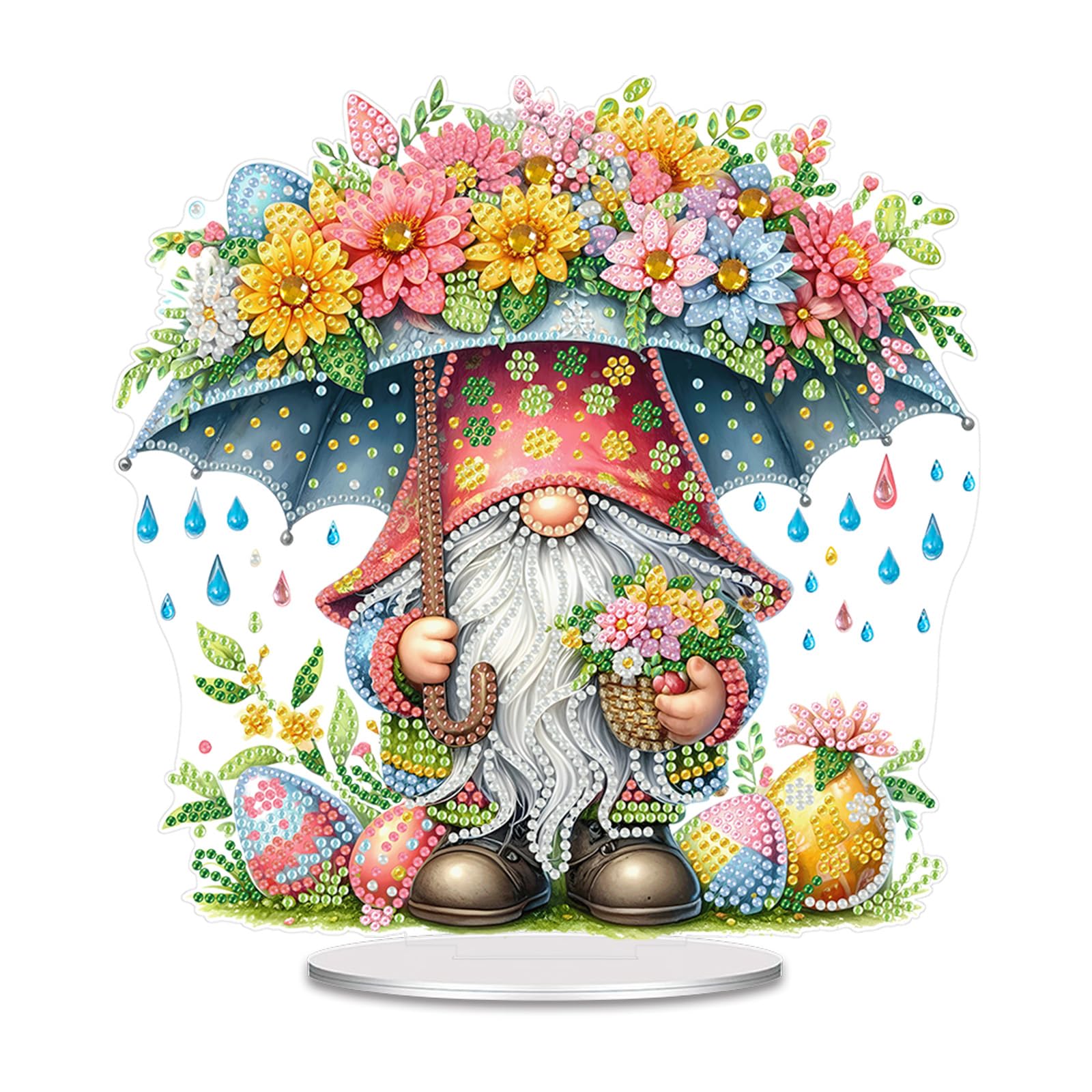 Easter Gnome Eggs and Flowers Diamond Painting Desktop Ornament Kit, 5D DIY Acrylic Crystal Special Shaped Tabletop Diamond Art Home Decor for Adult (