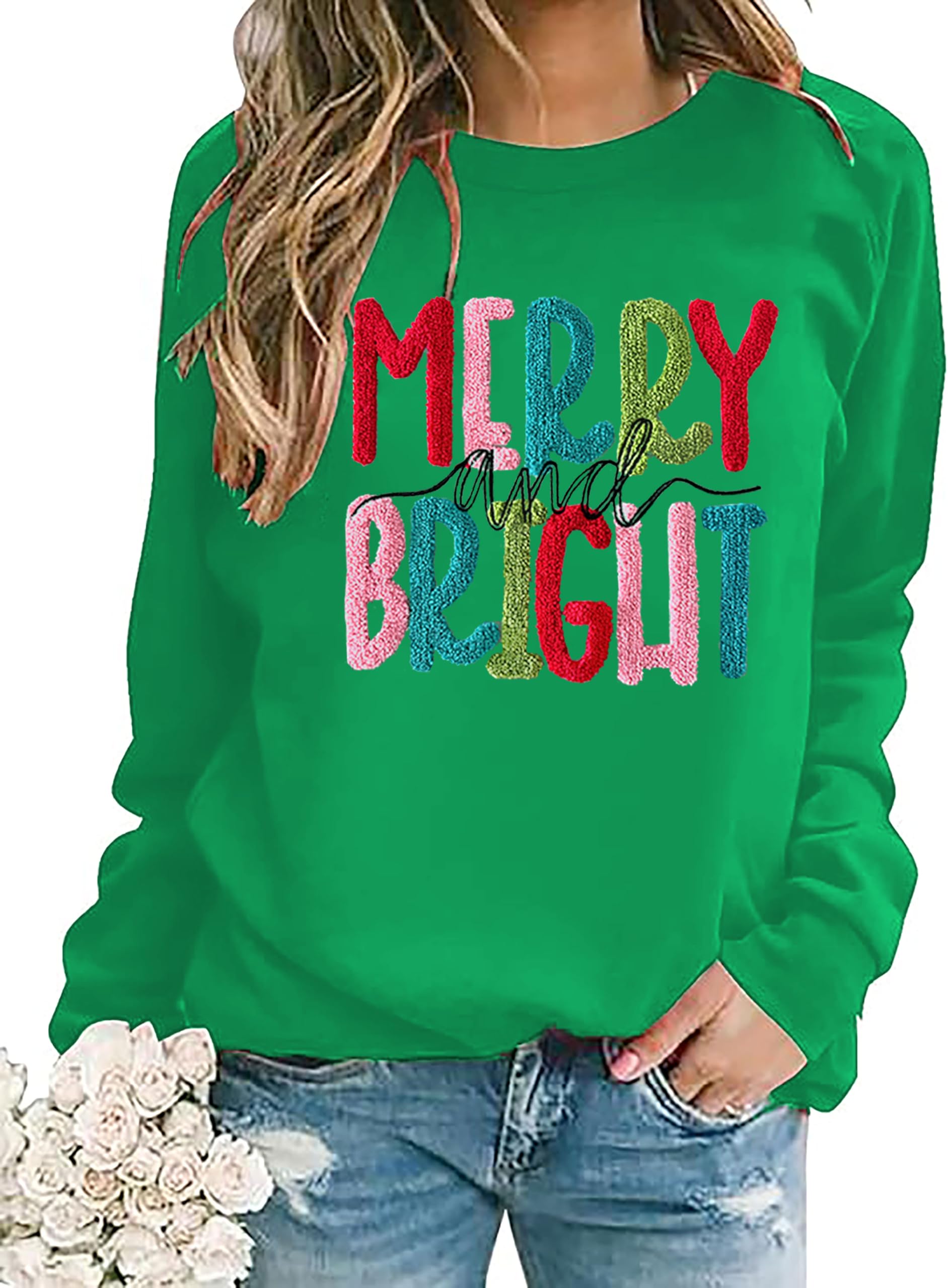 Christmas Sweatshirt Women Merry And Bright Christmas Pullover Shirt Novelty Chenille Patch Xmas Gift Holiday Top-image-40