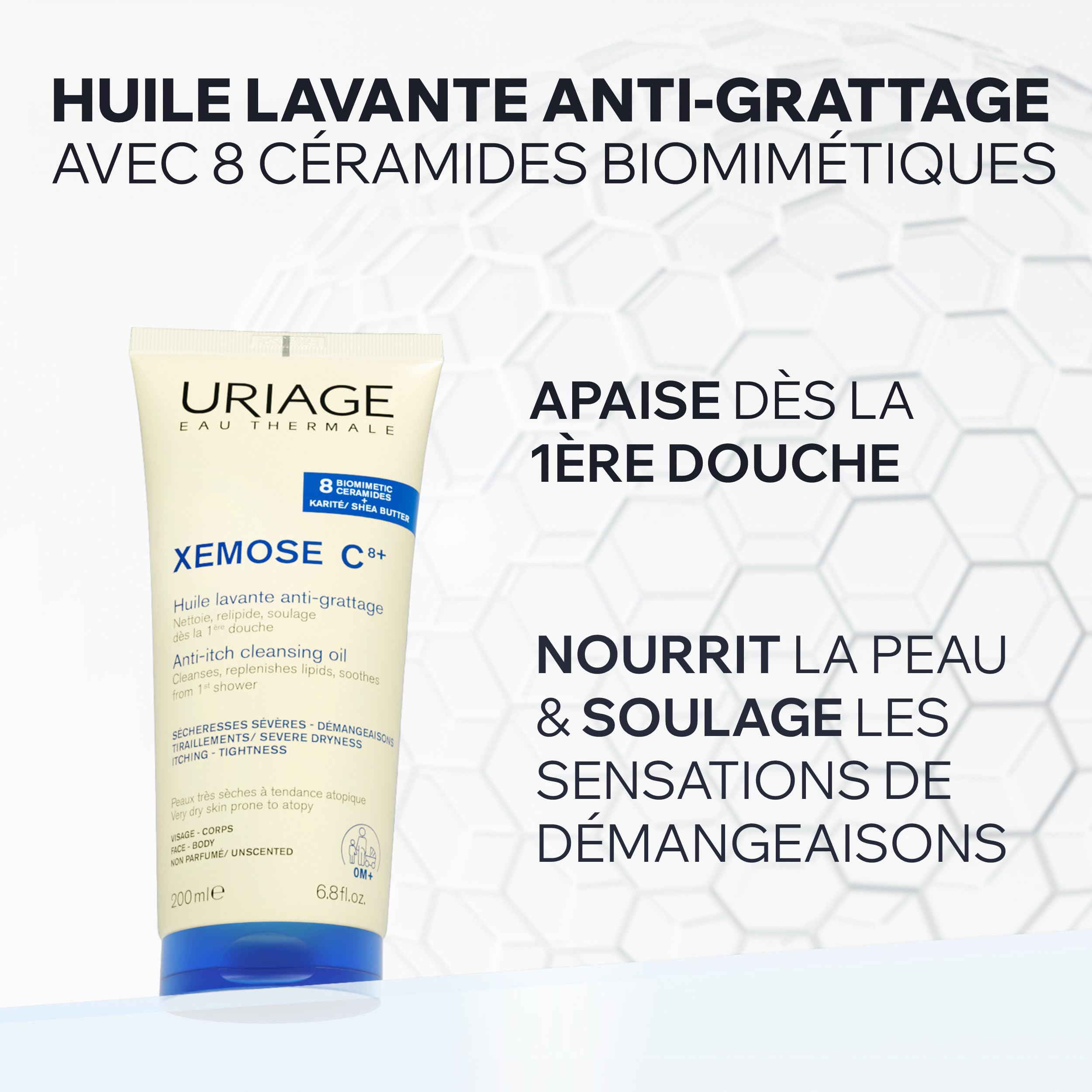 Uriage Xemose Huile Lavante peau sèche à tendance atopique I Nettoie et apaise les démangeaisons. Gel-en-Huile moussant, nourrissant I Visage & Corps I Non parfumée, Sans savon I pH physiologique