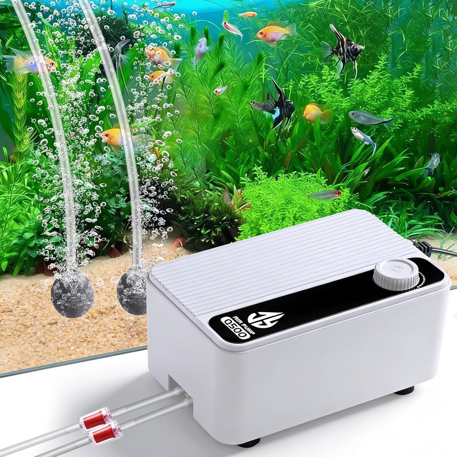 Aquarium Air Pump, Quiet Powerful Fish Tank Air Pump, Adjustable Fish Tank Bubbler with Air Stone, 2.3W/5.5W/8W Bubbler for Aquarium Fish Tank for Small Medium Large Fish Tank Up to 200 Gallon