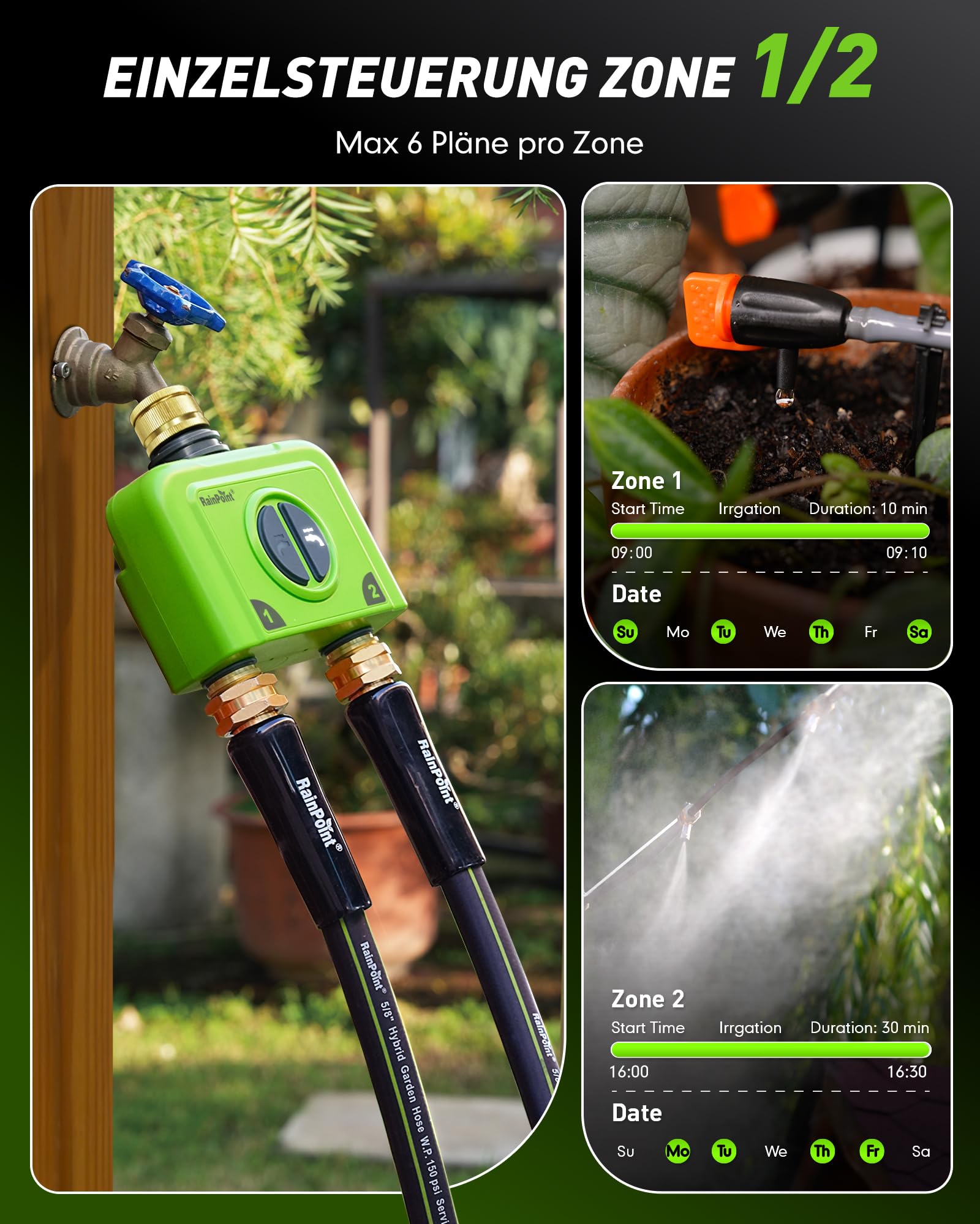RAINPOINT Bewässerungscomputer WLAN 2 Ausgänge Messing EIN- und Auslass Smart Bewässerungsuhr Garten Auto Bewässerung mit Wetter-/Bodenbasierte, APP/Sprachsteuerung, 2x6 Zeitplänen(Antennen Gateway)