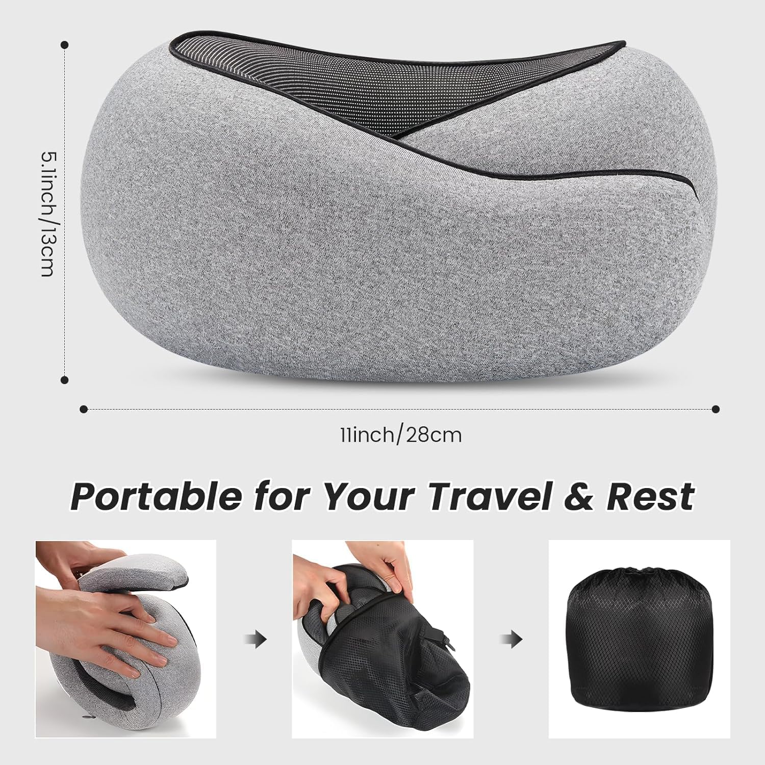 Travel Neck Pillows, 100% Memory Foam Filling, Travel Pillows for Airplanes, Compact and Ergonomic Design, Best for Sleeping Plane Train Travel Essentials (Light Grey) - Image 2