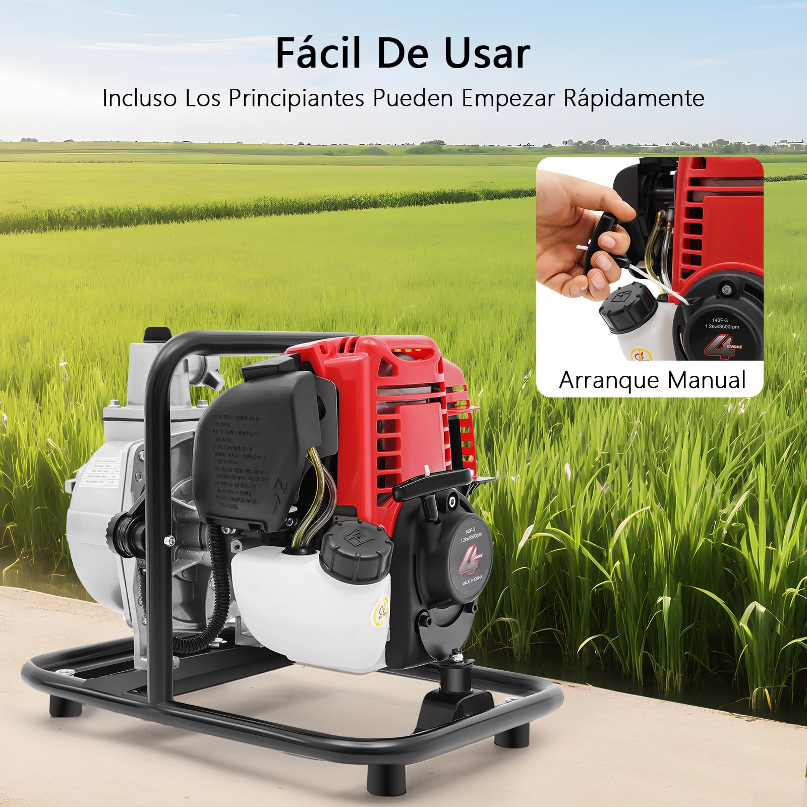 Bomba de agua de gasolina de 1 pulgada con motor de 4 tiempos de 1,2 kW, capacidad de extracción de 8100 l/h, altura de agua de aspiración de 8 m, autoaspiración de 3 m, bomba de agua sucia