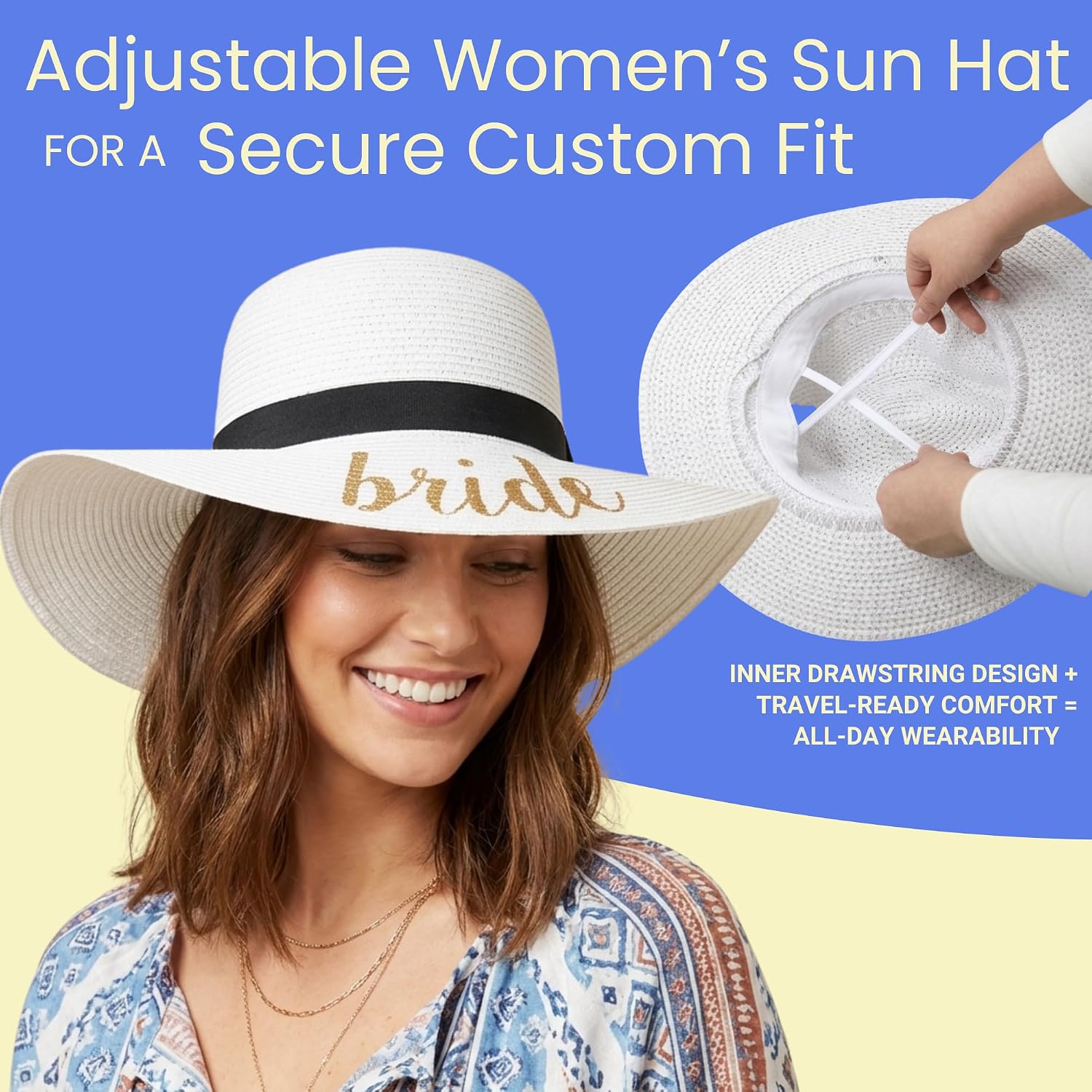 Funky Junque Womens Bridal Straw Sun Hat for Bachelorette Party Wedding & Honeymoon, Just Married Bride Beach Hat