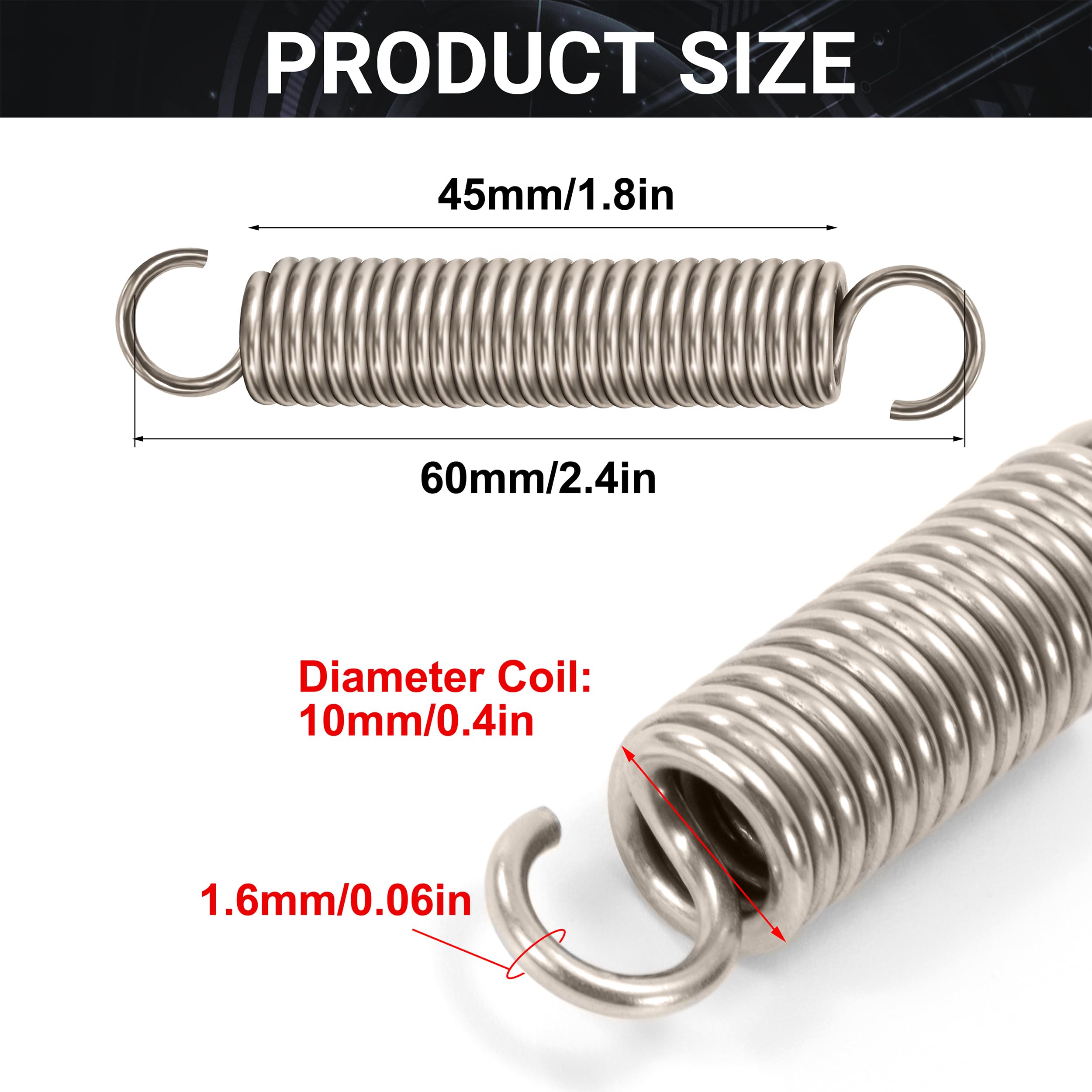 GUNGY Ressorts à Traction 60 Mm Ressort De Traction Double Crochet En Acier Inoxydable, Diamètre Du Fil, 1,6 Mm, Diamètre Extérieur, 10 Mm, Tir, 8 Kg, 4 Pièces