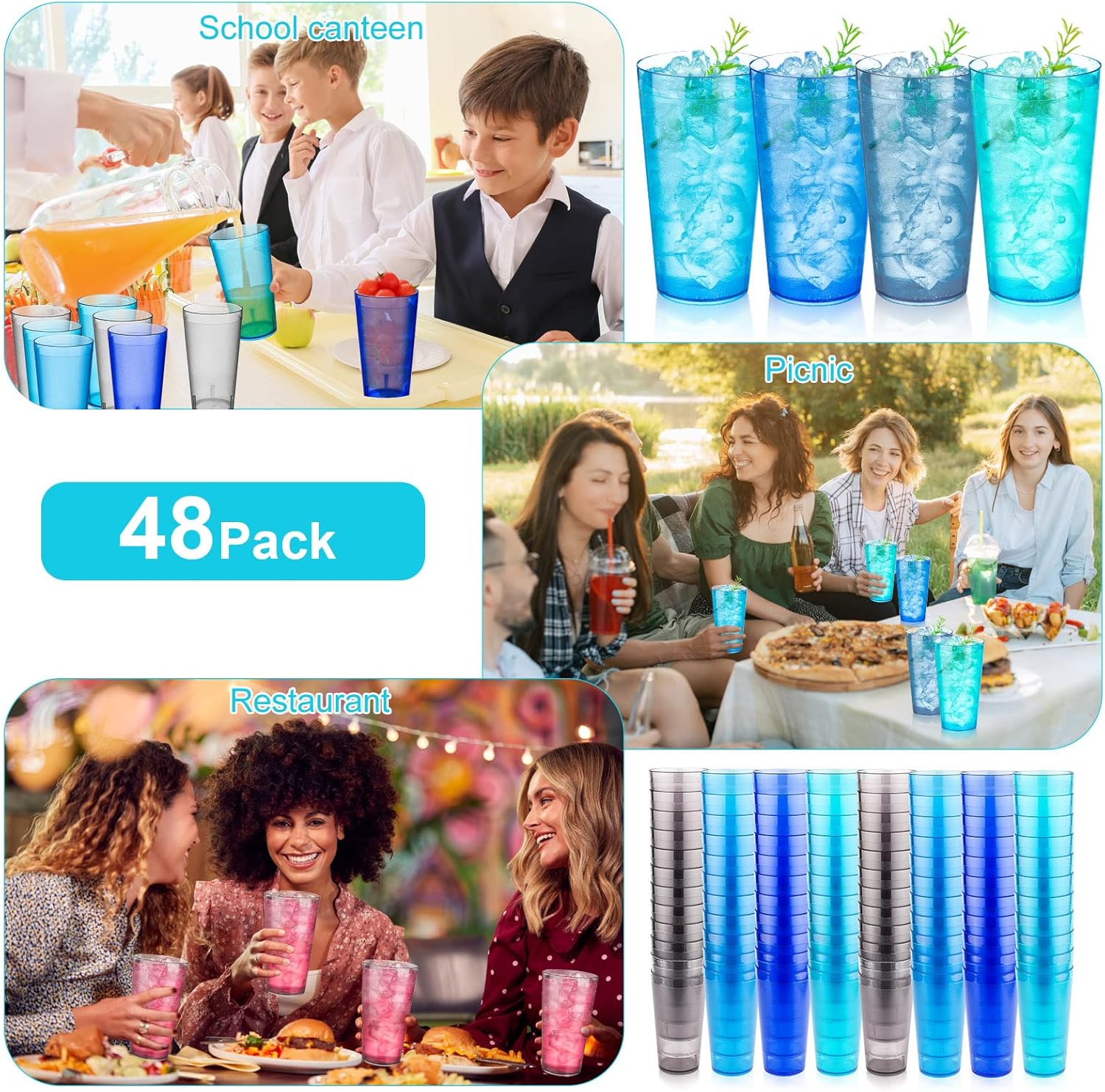 Norme 48 Pcs Plastic Restaurant Tumblers Plastic Reusable Cups Stackable Drinking Glass Dishwasher Safe Tumblers in 4 Coastal Colors for Kitchen Water(16oz) - Image 5