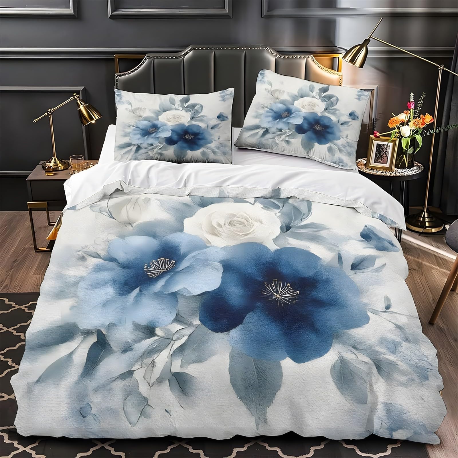 Ypthriline Super King Duvets Set Blue Rose Bedding Set Microfiber Watercolor Duvet Covers with Pillowcases Reversible Bedding With Zipper Closure 260x220CM