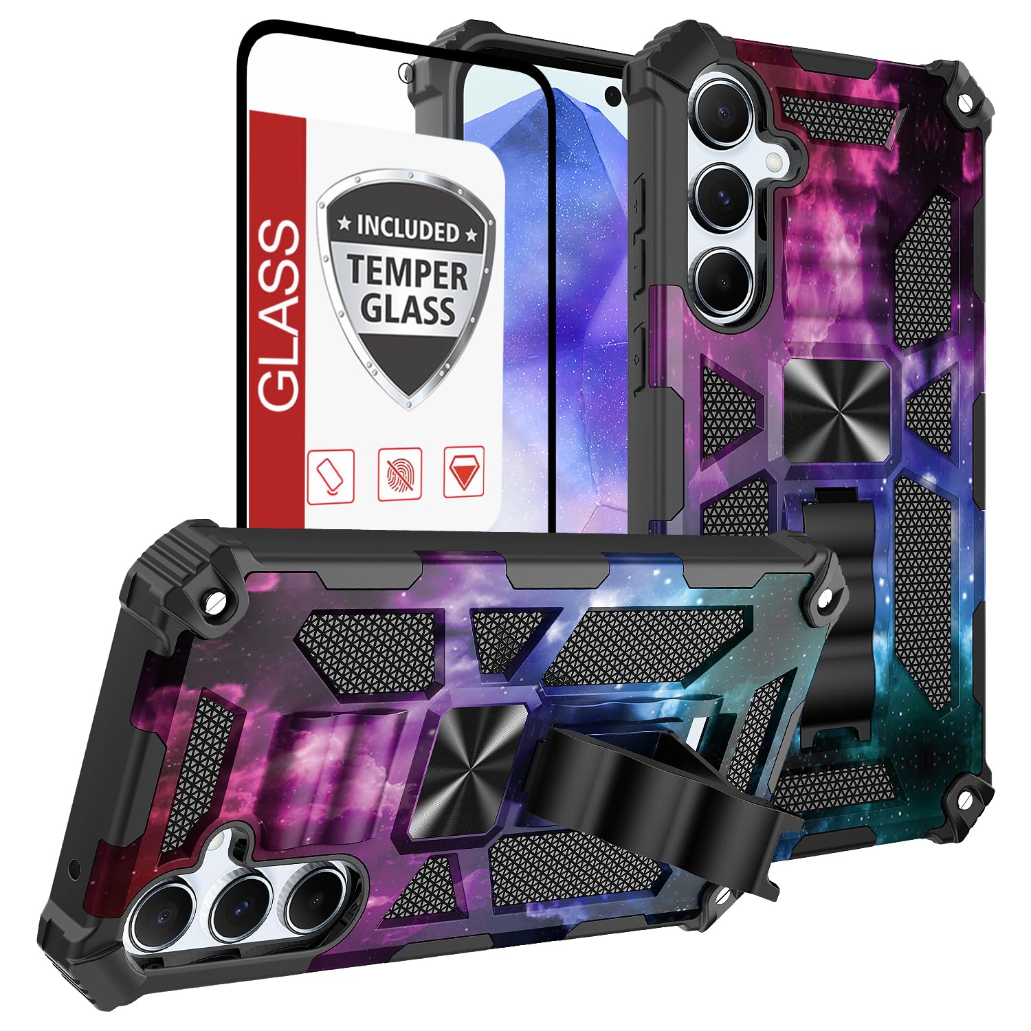 Phone Case for Galaxy-A15-5G Case w/Tempered Glass Screen Protector(Full Coverage) [Full-Body][15FT Mil-Grade][Built-in Kickstand] Car Magnetic