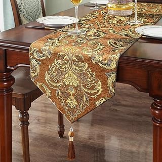Elegant Floral Chenille Gold Jacquard Table Runner Advanced Caramel-Colo...