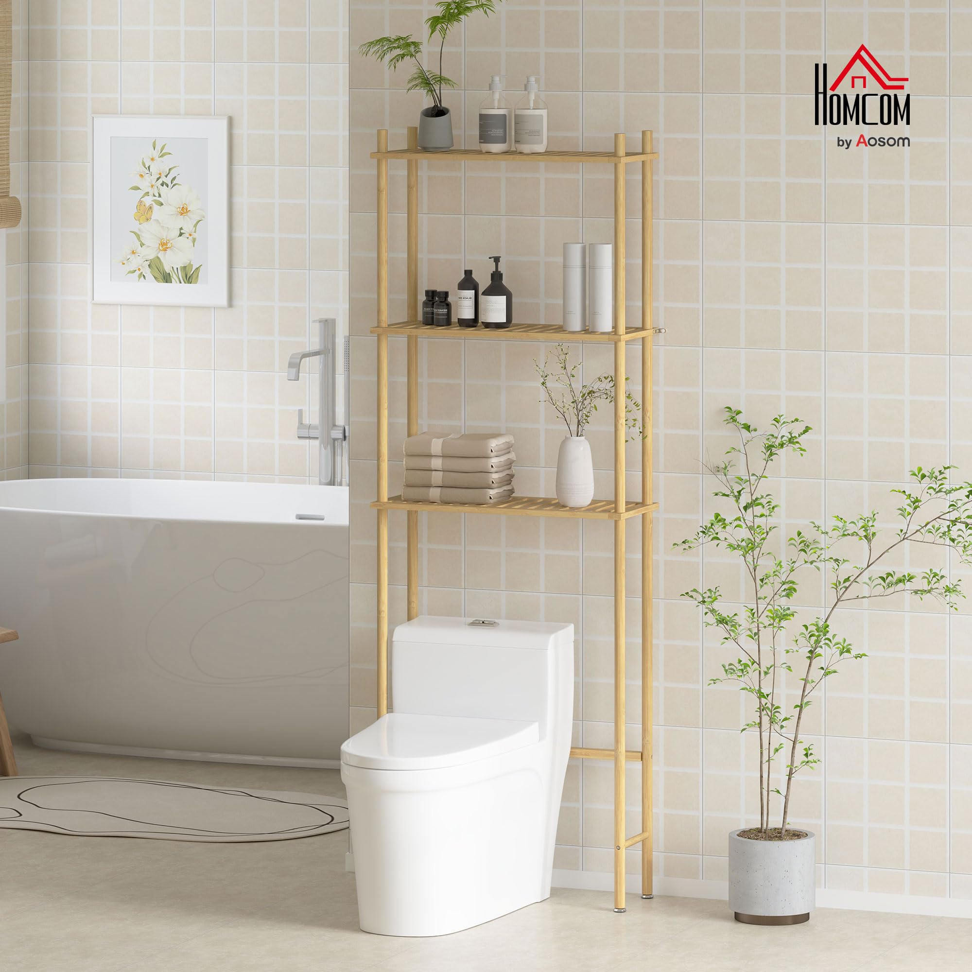 HOMCOM Scaffale da Bagno Sopra WC a 3 Ripiani, Mensola Portaoggetti Salvaspazio in Bambù, Mobile Sopra Lavatrice per Lavanderia con Piedini Regolabili, Colore Naturale