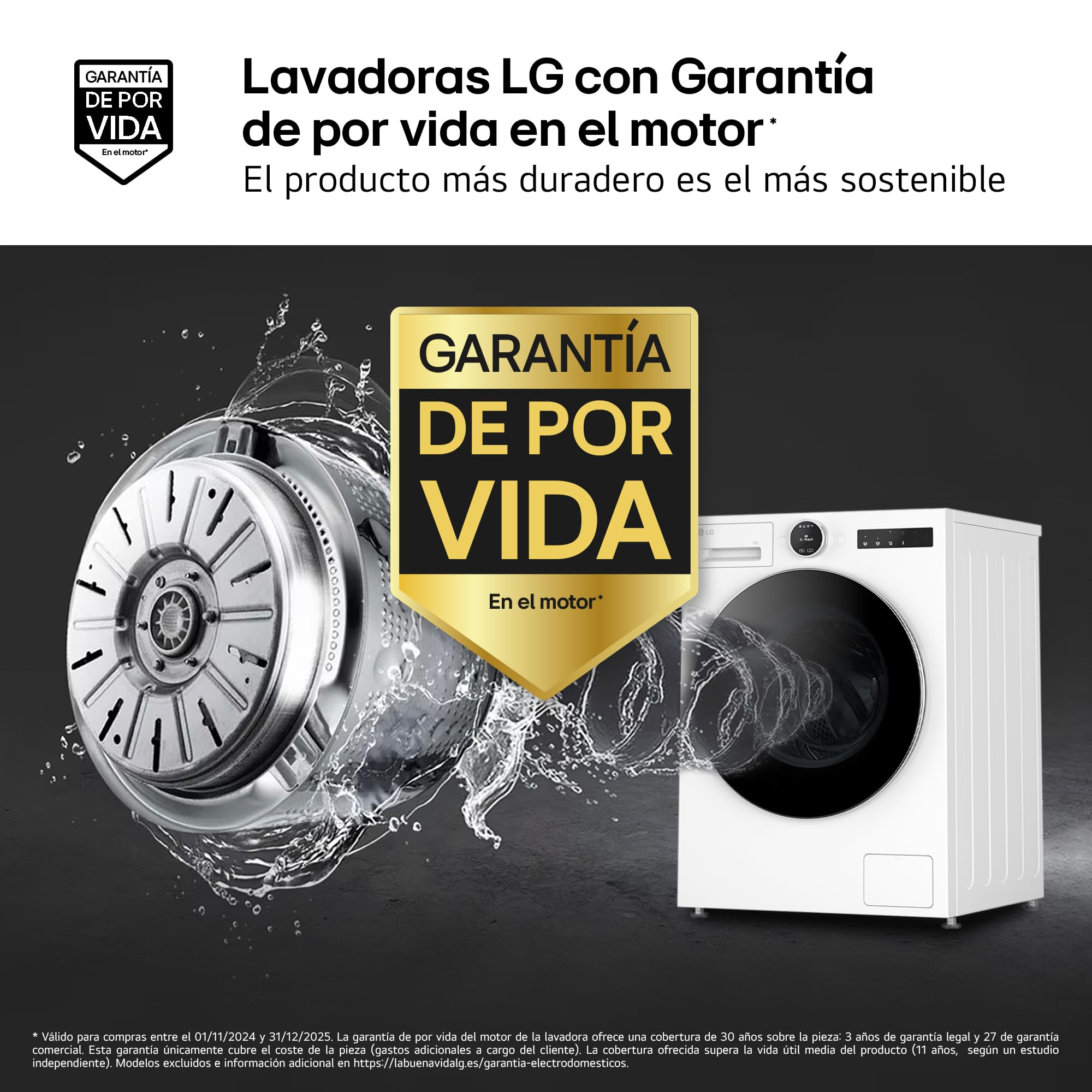 LG F4X9009TWCE Lavadora Inteligente, 9 Kg, 1400rpm, Carga Frontal, 23 Programas, AI Direct Drive, TurboWash 360º, 60% más eficiente que A, Serie 900, Blanca