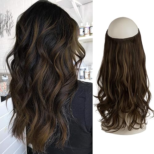 FESHFEN Invisible Wire Hair Extensions with Transparent Headband Adjustable Size One Piece Synthetic Long Curly Wavy Secret Hairpieces for Women, 18 inch