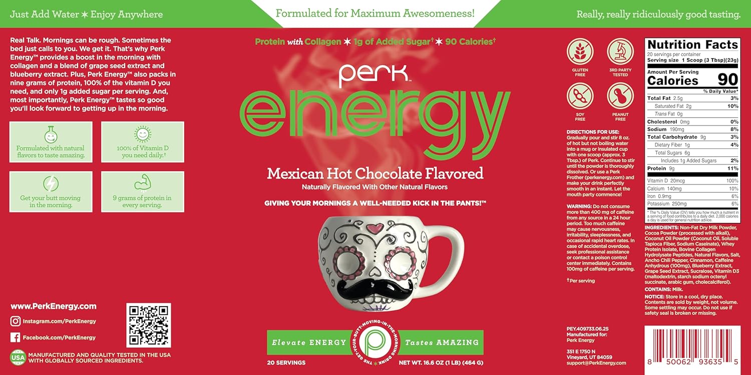 Perk Energy Drink Mix (Mexican Hot Chocolate) 20 Servings - Caffeinated Healthy Coffee Alternative with Protein, 100mg of Caffeine, Gluten-Free, Soy-Free, Peanut-Free