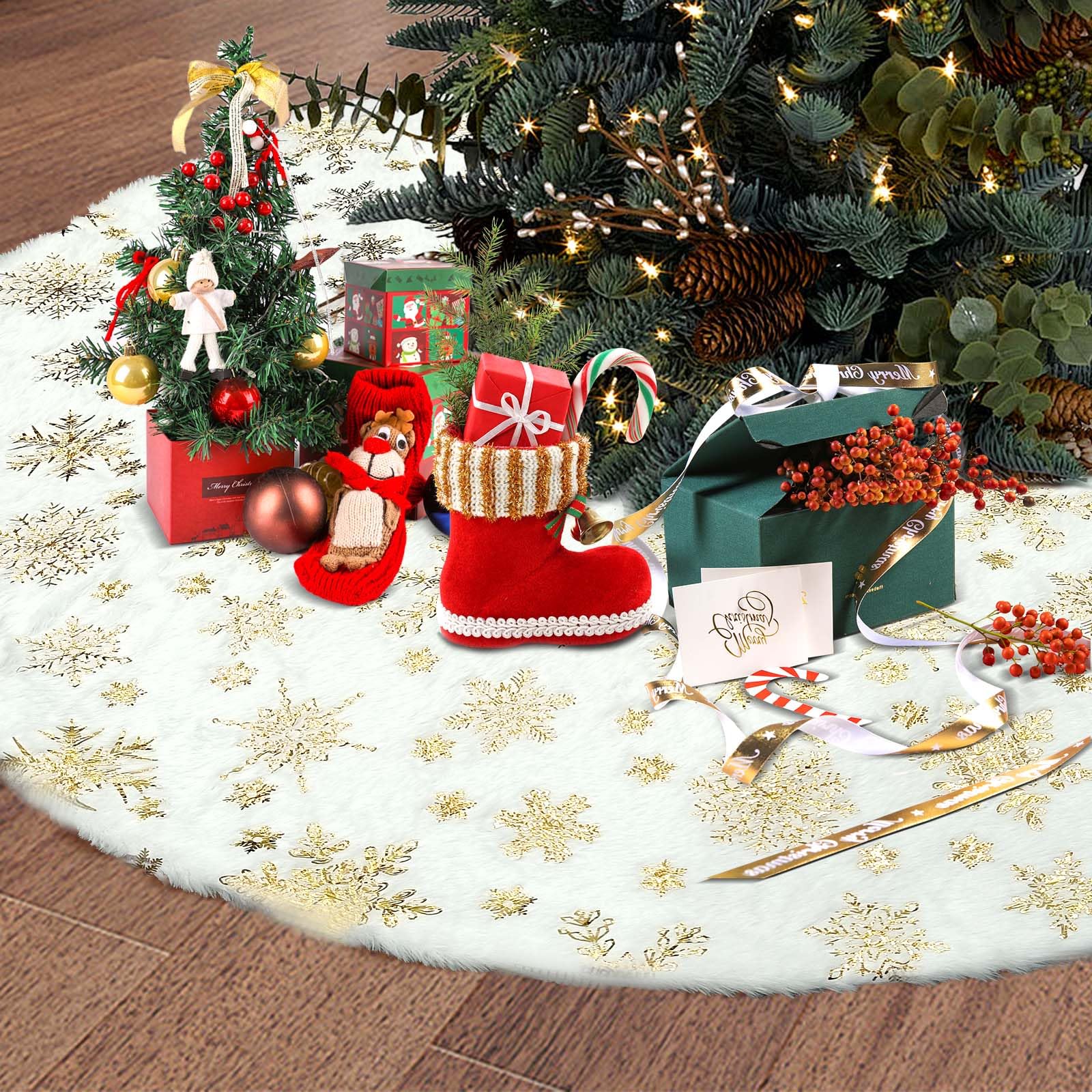 Christmas Tree Skirt, 36inch White Christmas Tree Skirt for Christmas Decorations & New Year Party Holiday Home Decorations (Golden Snowflake)