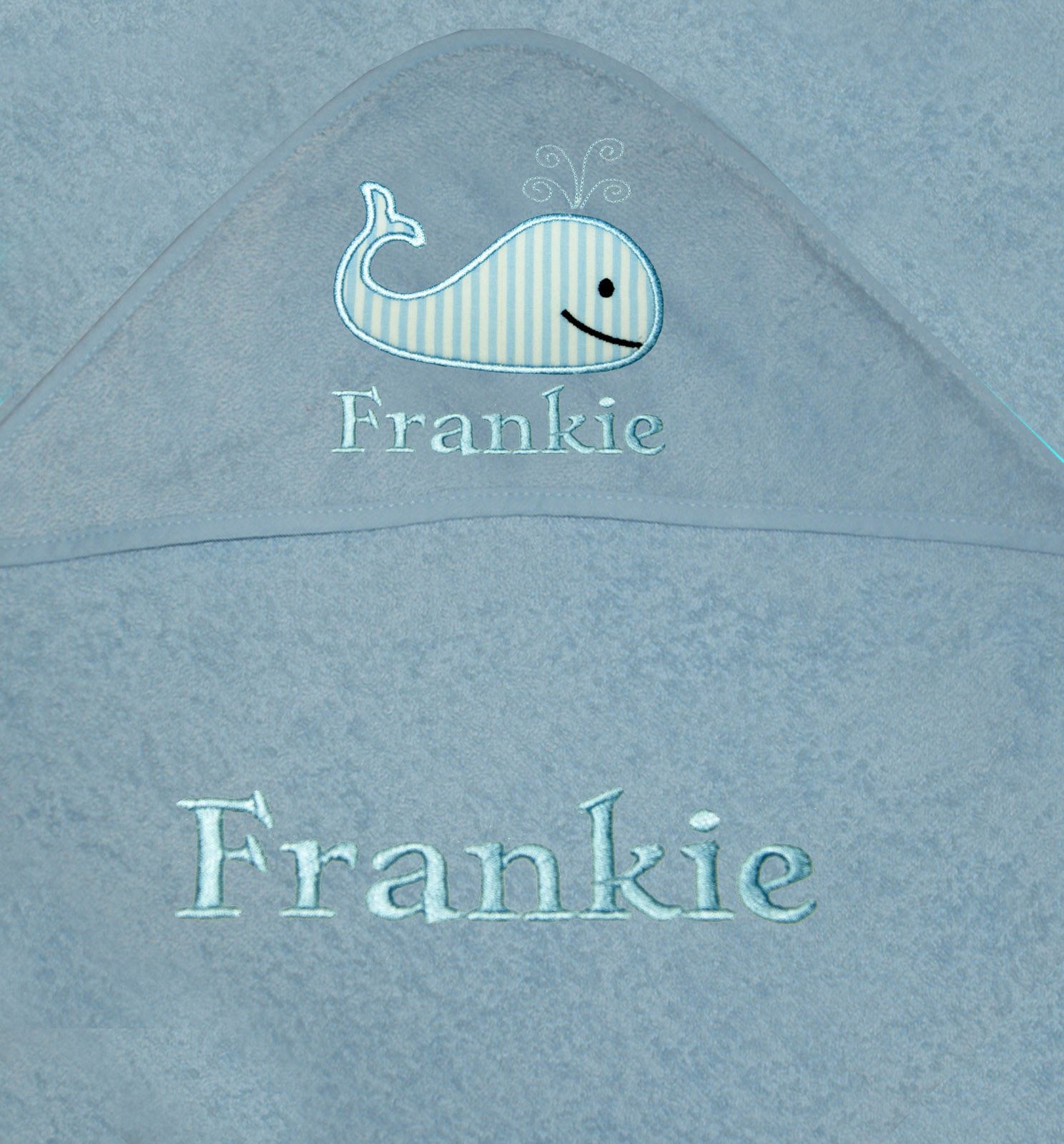 Boy Personalised Whale 100% Cotton Hooded Bath Towel. (Blue)
