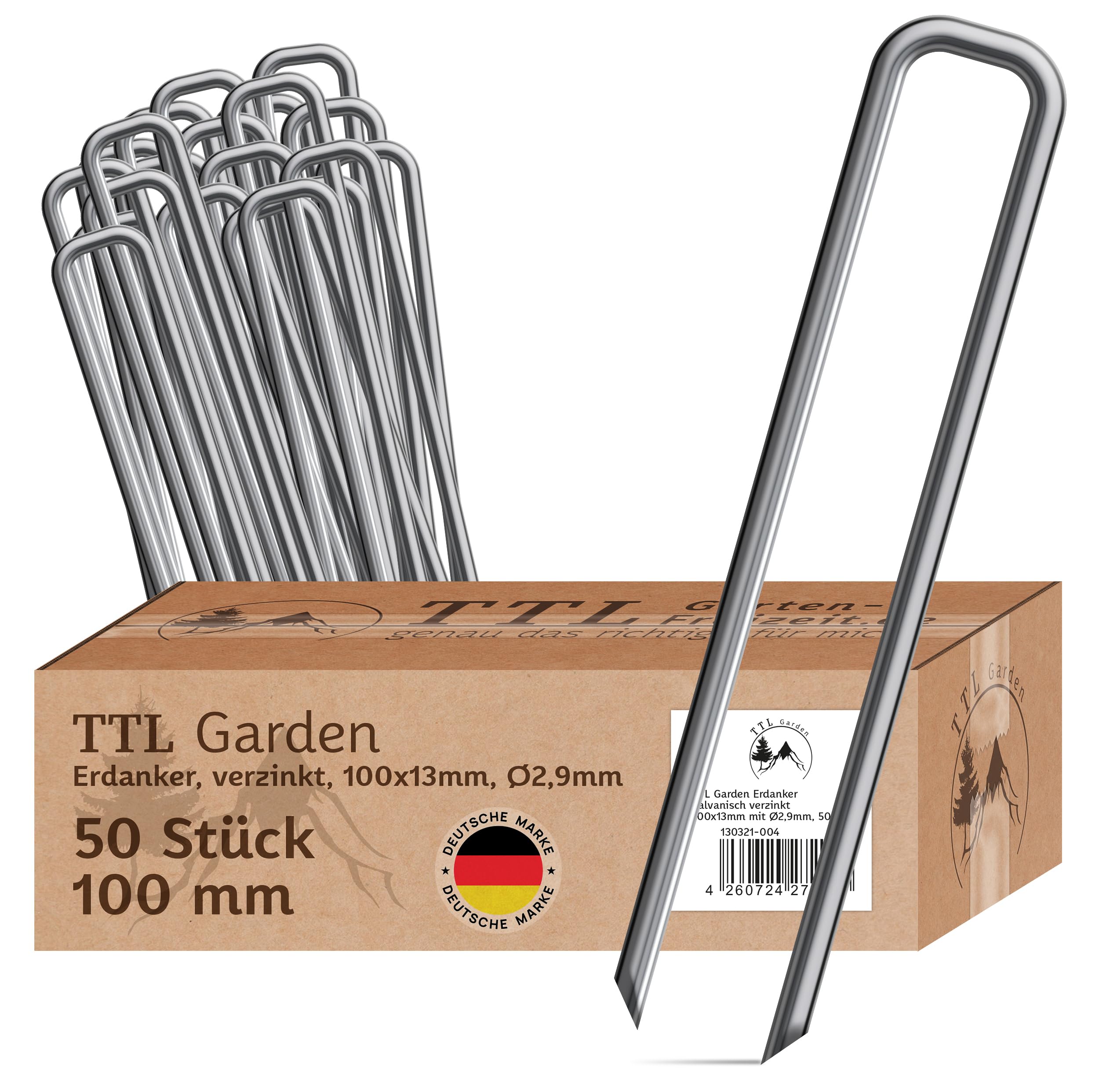 TTL GARDEN 50x Erdanker 100 x 13 x Ø 2,9 mm - verzinkte & gehärtete Carbon Stahl Bodenanker Heringe für Unkrautvlies, Gartenvlies, Zaun, Vogelschutznetz, Camping - Anti-Rost robust rostfrei