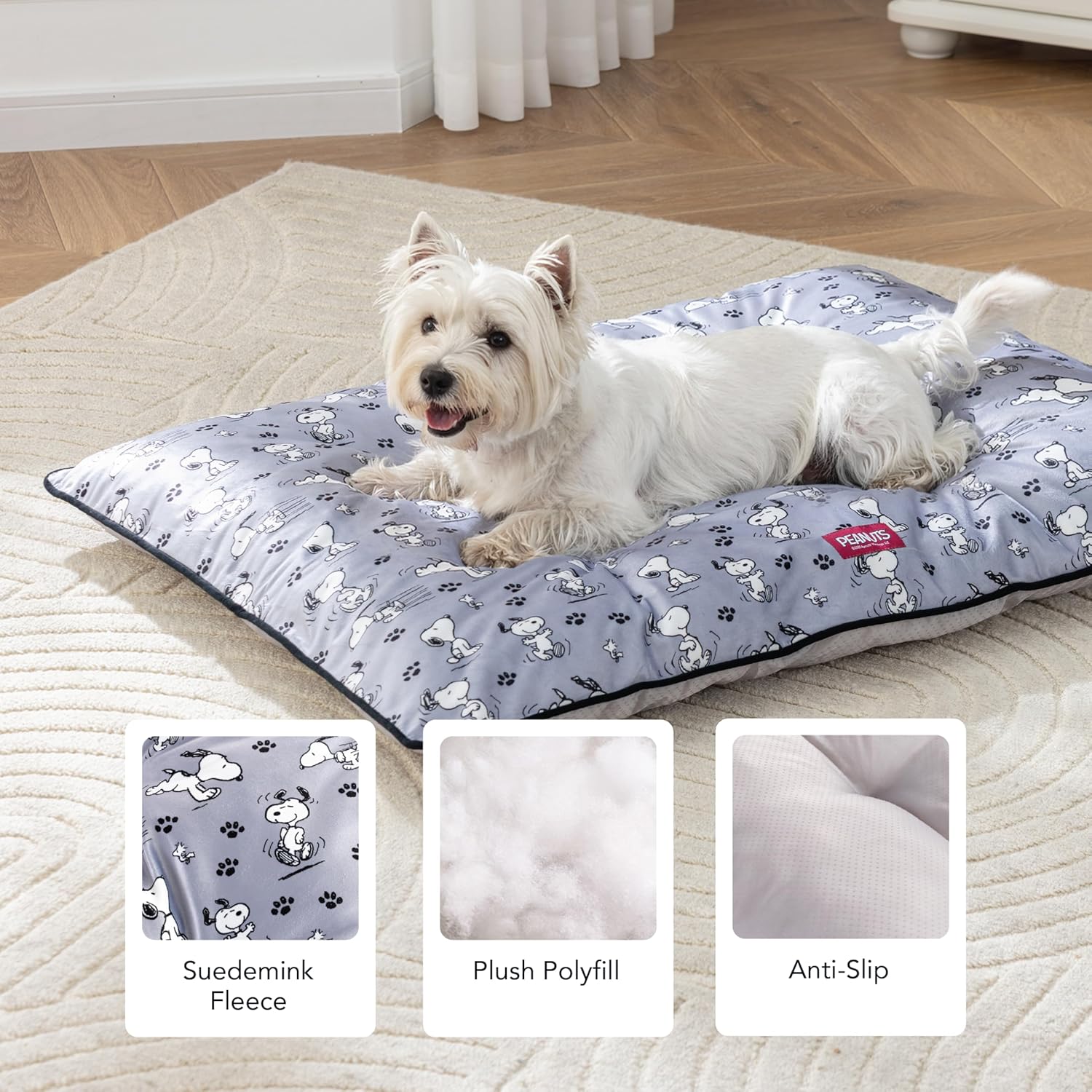 Berkshire Peanuts® Square Dog Bed, Suedemink Fleece Pet Mat with Waterproof & Non-Slip Bottom, Soft Plush Dog Mat for Crate, Couch, or Floor, Machine Washable(Poses & Paws Chateau Grey, Large)