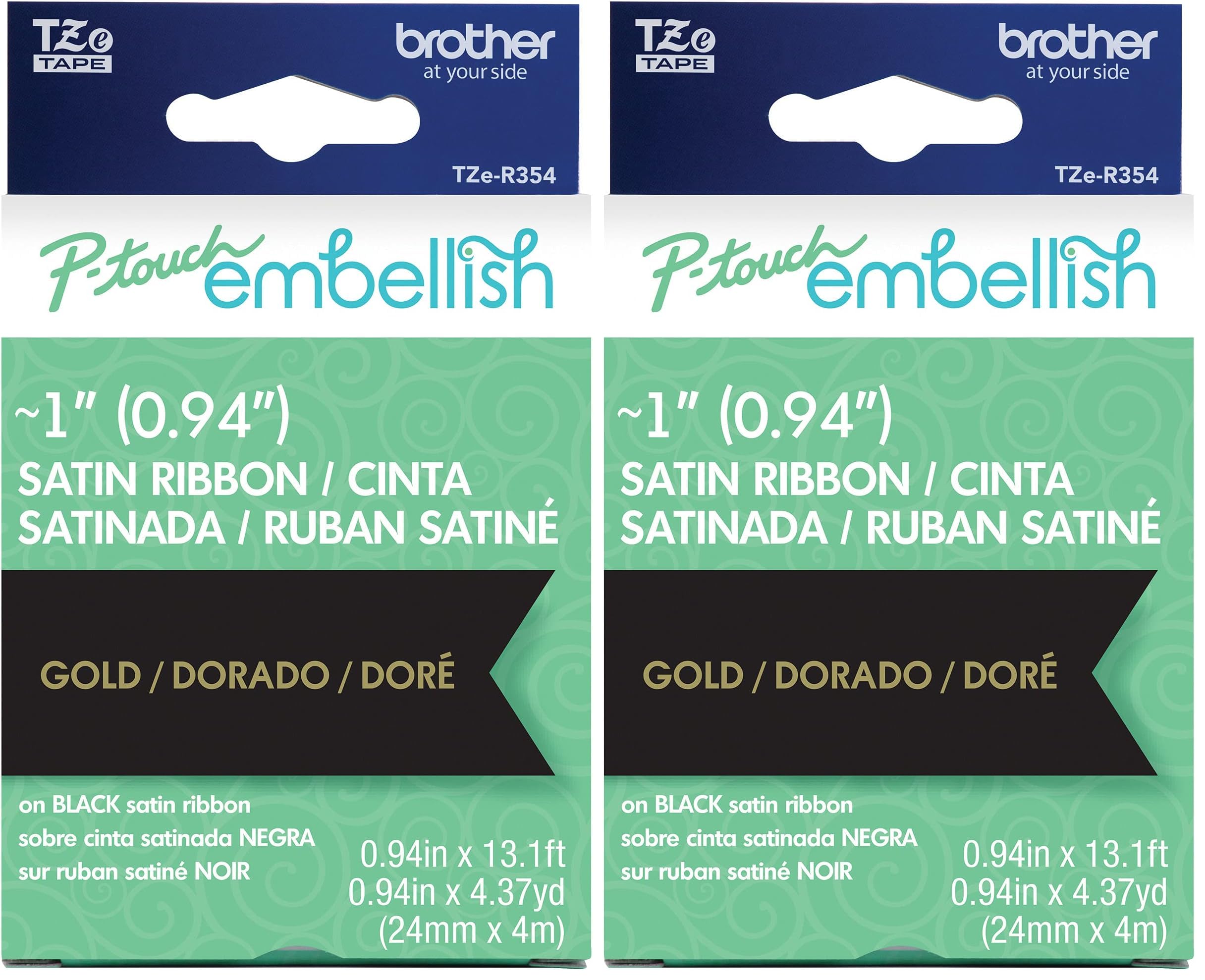 Brother P-Touch Embellish Gold Print on Black Satin Ribbon TZE-R354 - ~1" Wide x 13.1’ Long (24mm x 4m/4.37yds), TZER354 (Pack of 2)