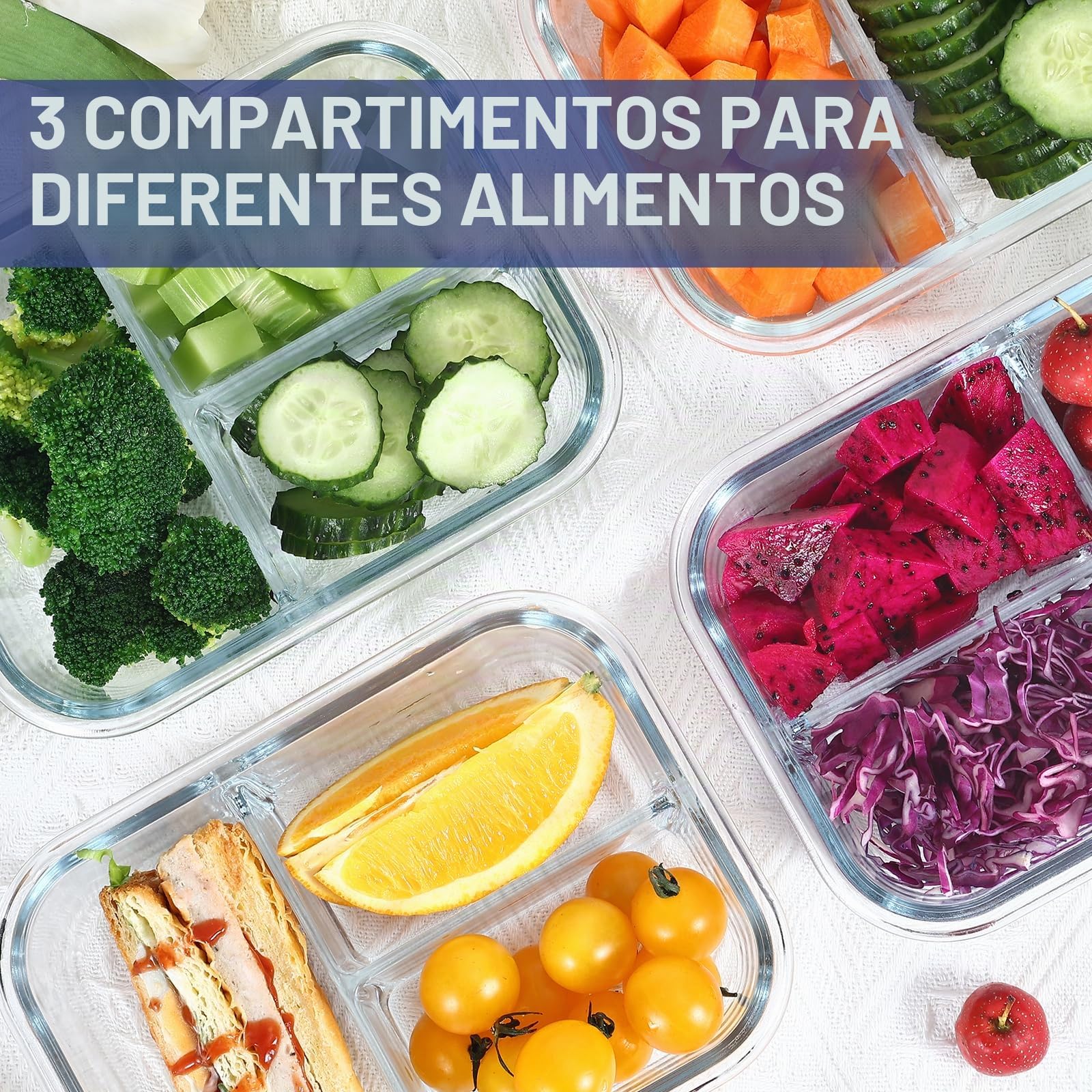 Meal Prep - Juego de 3 cajas de almacenaje (1, 2 y 3 compartimentos (1040 ml) para control de porciones, hermético, seguridad en horno y congelador