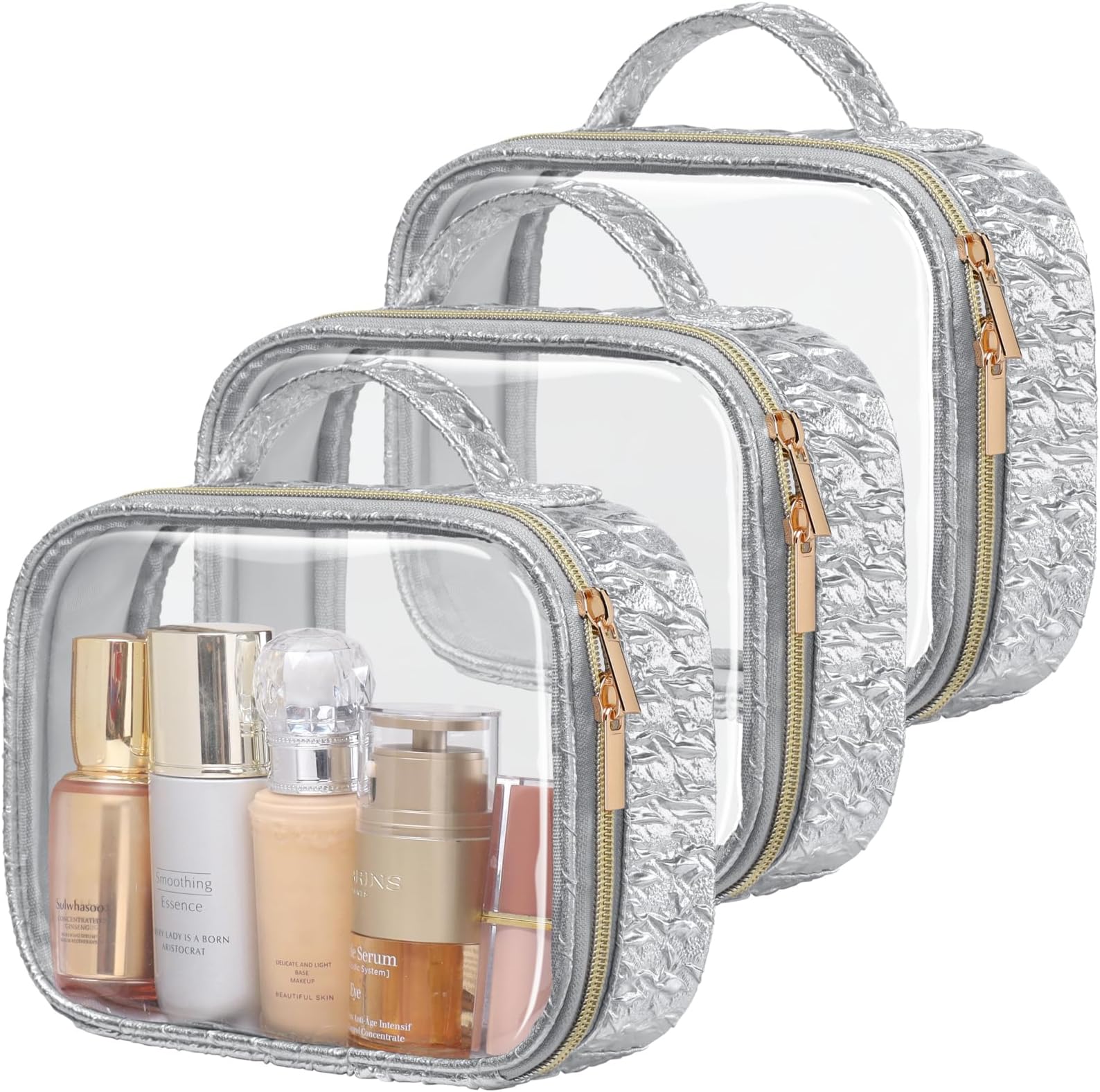 PACKISM TSA Approved Toiletry Bag - 3 Pack Ruched Textured Clear Makeup Bag, Metallic Silver, with 180° Large Opening and Supporting Frame, Perfect for Travel Essentials, Thick No Smell