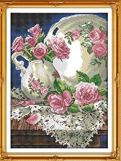 Joy Sunday Needlework Cross Stitch Kits 11CT Stamped Full Range of Embroidery Starter Kit for Beginners Pre-Printed Pattern - Vase and Rose
