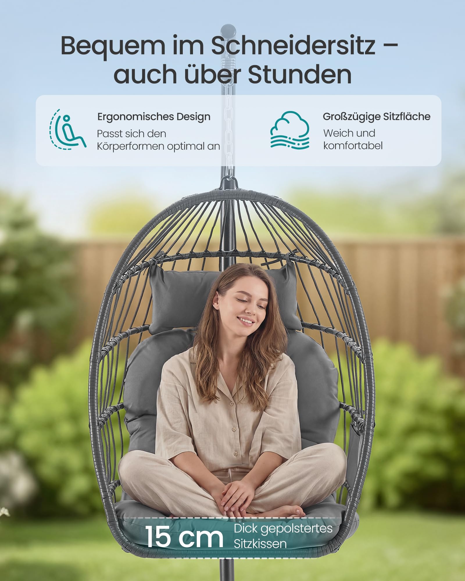 SONGMICS Hängesessel mit Gestell, Hängeschaukel Outdoor, Korbsessel, Korb klappbar und abnehmbar, Hängestuhl höhenverstellbar, Seitentasche, Kissen, Wohnzimmer Garten Balkon, grau GDC050GZ01