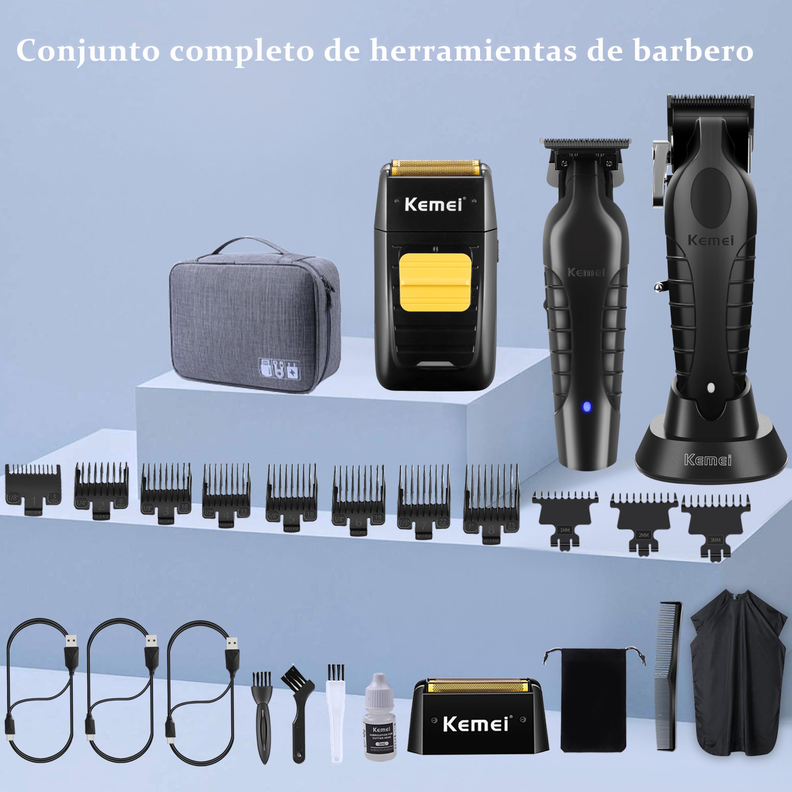 KEMEI Juego de Maquina de Cortar Pelo Hombre y Afeitadora Electrica Hombre con cabezales de repuesto, Trimmer con Hoja en T, 11 Peines Guía, KM-PG2299, KM-2296, KM-1102