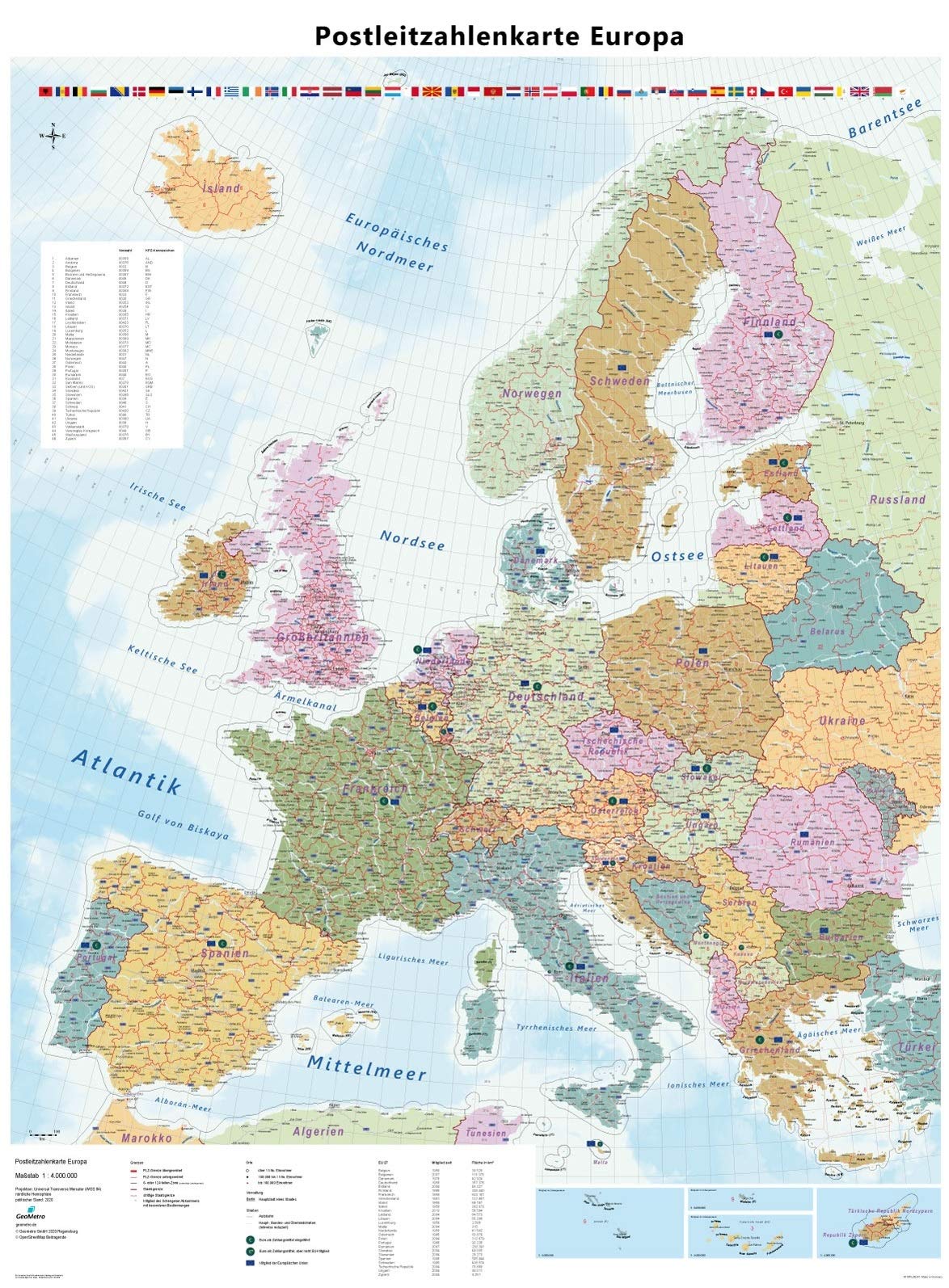 Postleitzahlenkarte Europa, Wandkarte mit Laminierung (beschreib- und abwischbar), 89,5 cm X 122,5 cm Auflage 2020 Brexit