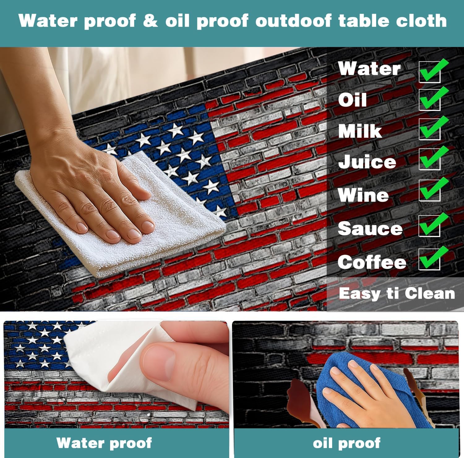 American Flag Picnic Table Cover with Bench Covers, Outdoor Patio Camping Essentials 90 Inch, Waterproof Camping Fitted Tablecloth with Drawstring Bag 3PCS