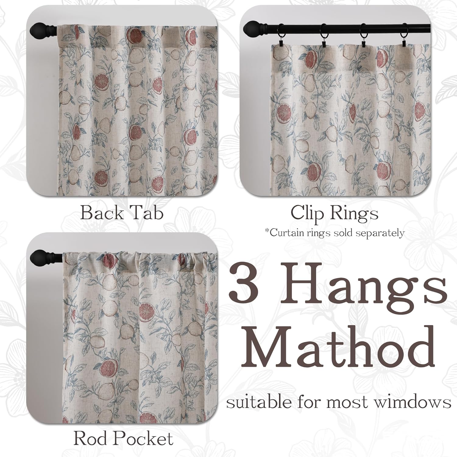 XWZO Toile Linen Curtains for Living Room French Country Lemon and Blue Floral Block Print Light Filtering Curtain 84 Inch Length Rustic Botanical Patterned Window Drapes Set 2 Panels