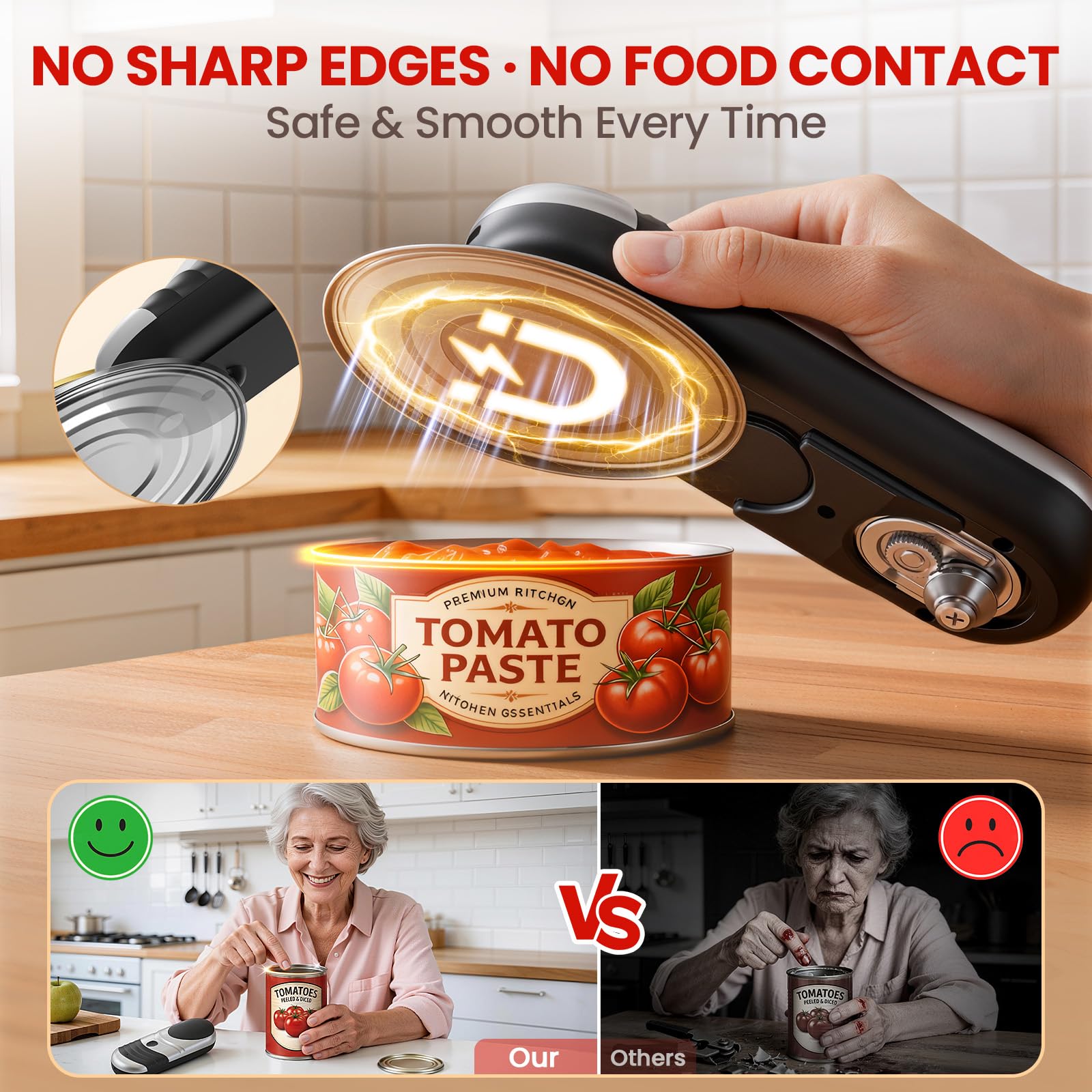 Apriscatole elettrico One Touch automatico per anziani, apriscatole ricaricabile con bordo liscio con chiusura magnetica, gadget da cucina sicuro per alimenti per mani artrite