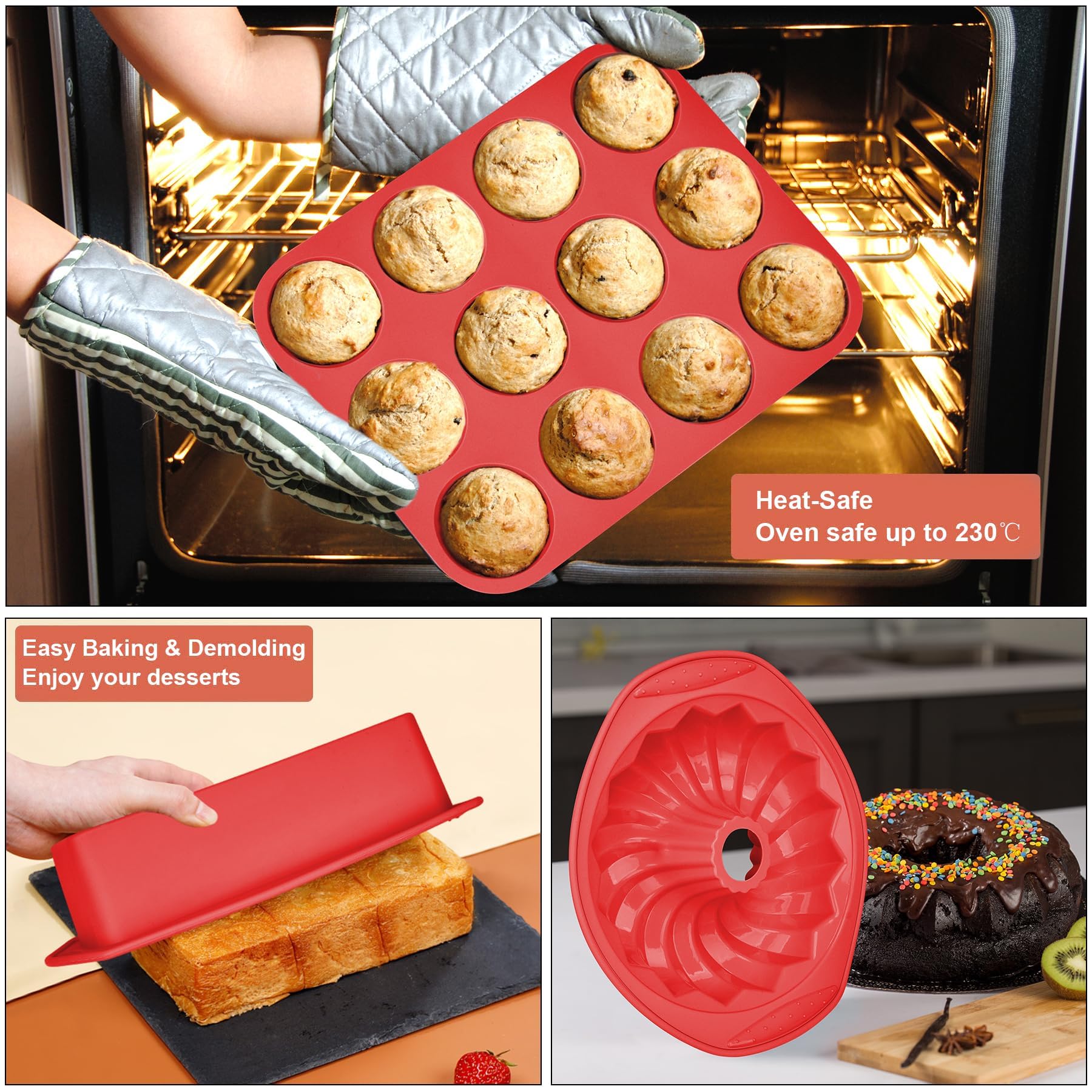 Aschef 14en1 Moule Silicone Patisserie Antiadhésif Moules Gateau Carré Rond Plat a Tarte pour Cake Tartelette Cupcake Pain de Mie Muffin Brioche Donuts Brownie kouglof Savarin Quiche Pizza