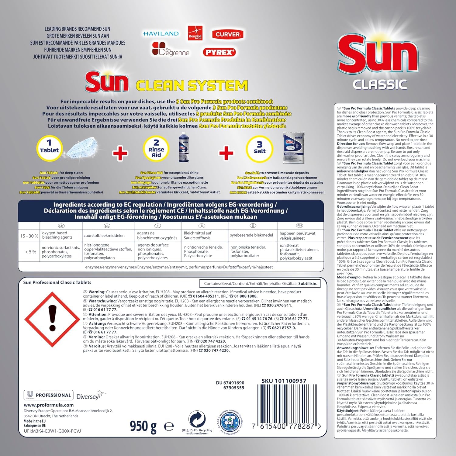 Sun Professional Classic Geschirrreiniger - Pure, konzentrierte Reinigungskraft, hochwirksame Reinigung für Haushaltsspülmaschinen, Eco-Spar-Programm geeignet, 6x100 Stück