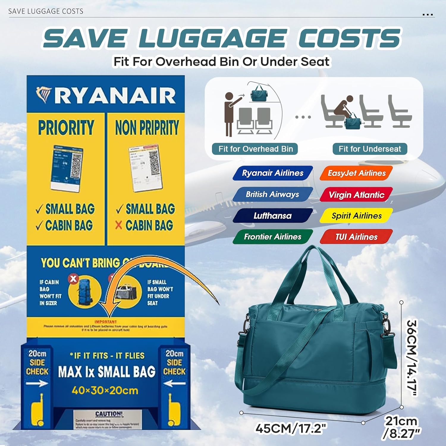 Travel Duffel Bag with Shoe Compartment, Large Weekender Bags for Women Men with Trolley Sleeve for Airplane, Waterproof Carry on Bag Sport Tote Bags Hospital Holdalls, Peacock Blue