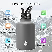 Vista 47 de BJPKPK - Botellas de agua aisladas con tapa de popote, botellas de agua de acero inoxidable de 40 onzas con 3 tapas, termo a prueba de fugas libre