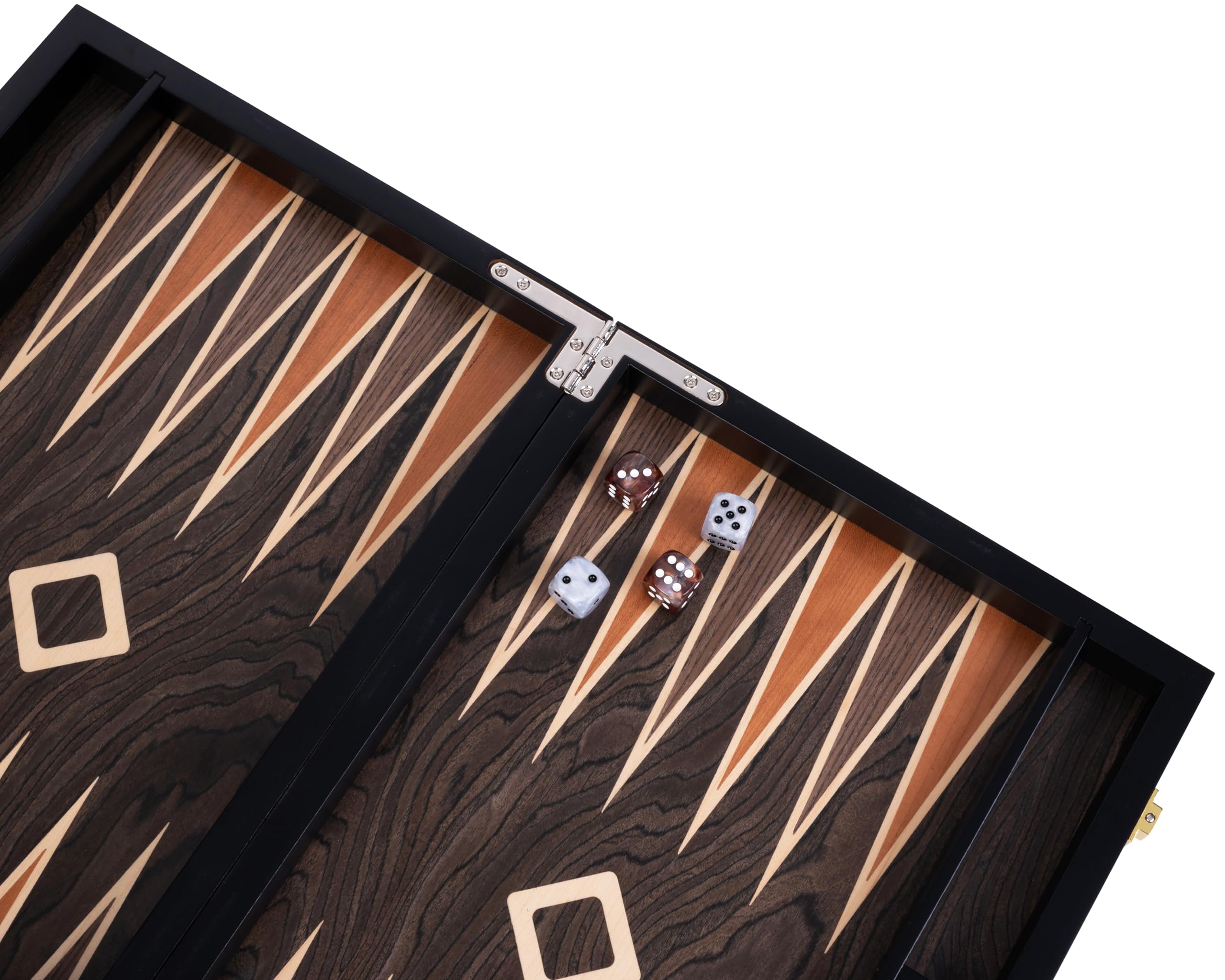 Engelhart - 250547 - Juego de Backgammon de Lujo 18” con Chapa de Nogal barnizada, Cierre metálico, Dados y fichas nacaradas, Vasos de Madera, 2 Jugadores, Reglas Incluidas, Desde 6 años