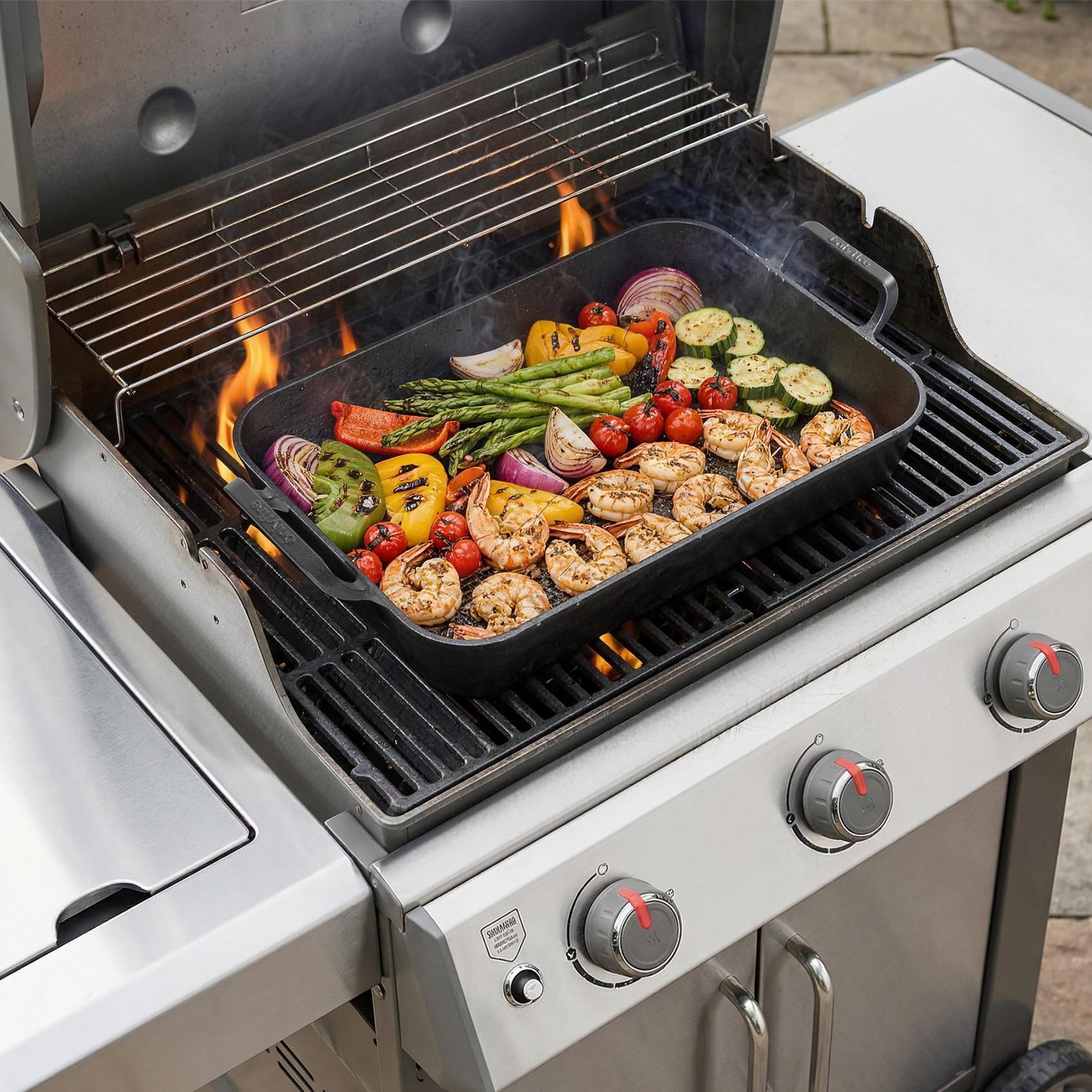 Onlyfire Fuente de Horno Rectangular de Hierro Fundido con Tapa, 42cm Rustidera XL, Apta para Inducción para Asados, Pescado y Pan, Horno, Barbacoa y Camping, Precurado