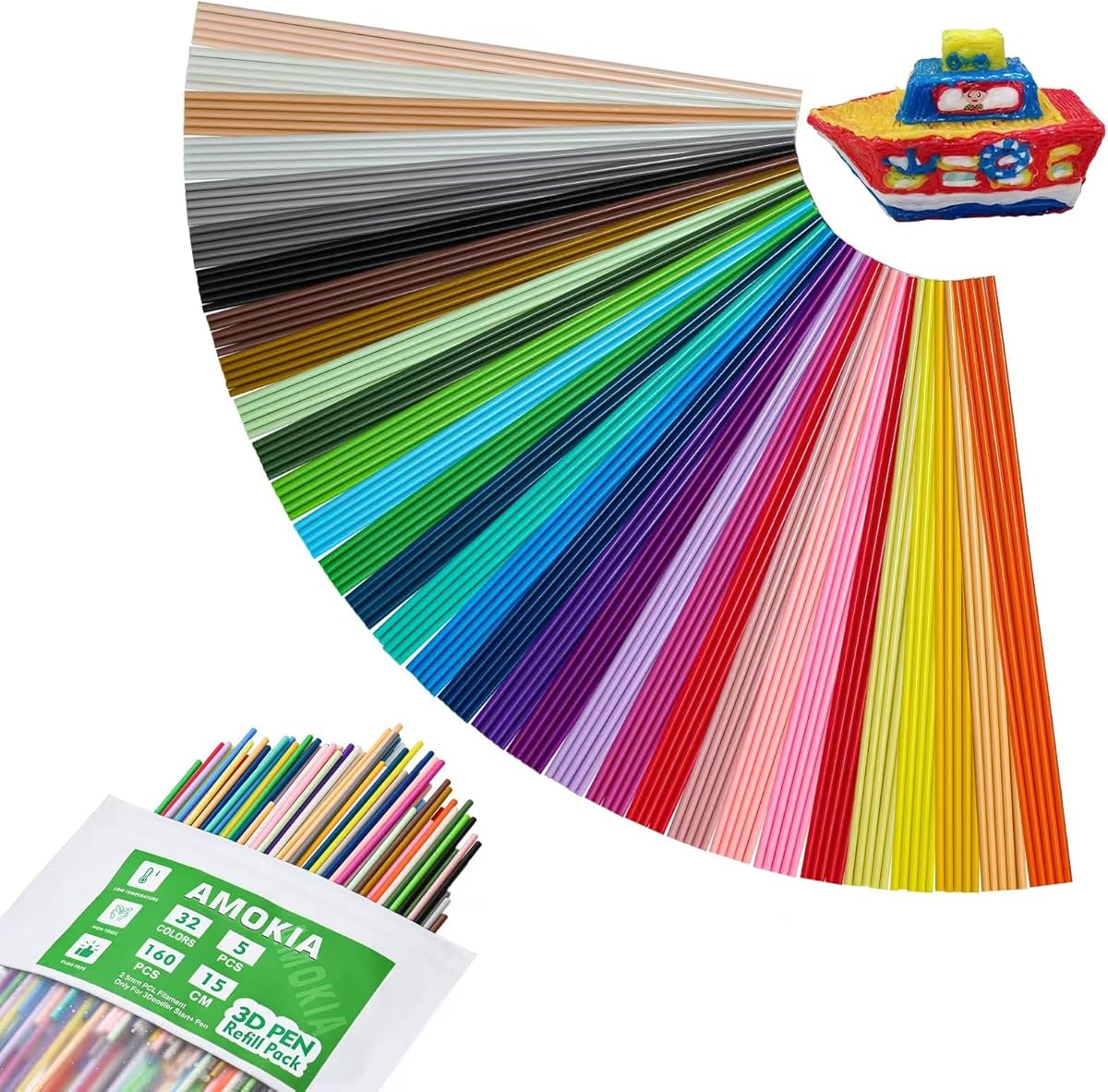 32 Colors 3D Pen Refills Pack for 3Doodler Start+ 3D Pen, 2.5mm PCL Filament Low Printing Temperature, Total 160pcs 3D Printing Filament Only Compatible with 3Doodler Start+