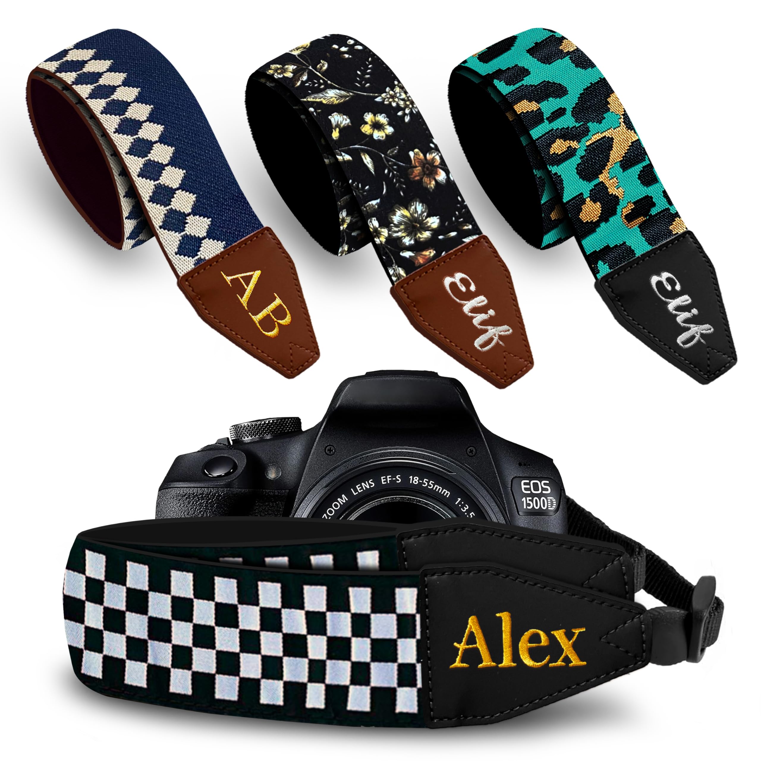 Art Tribute Custom Black White Checkers Camera Strap - Add Your Text and We Make It Especially For You Get Your Own Personalized Stocking Stuffer & Christmas Gift Camera Strap, No Shipping Cost!