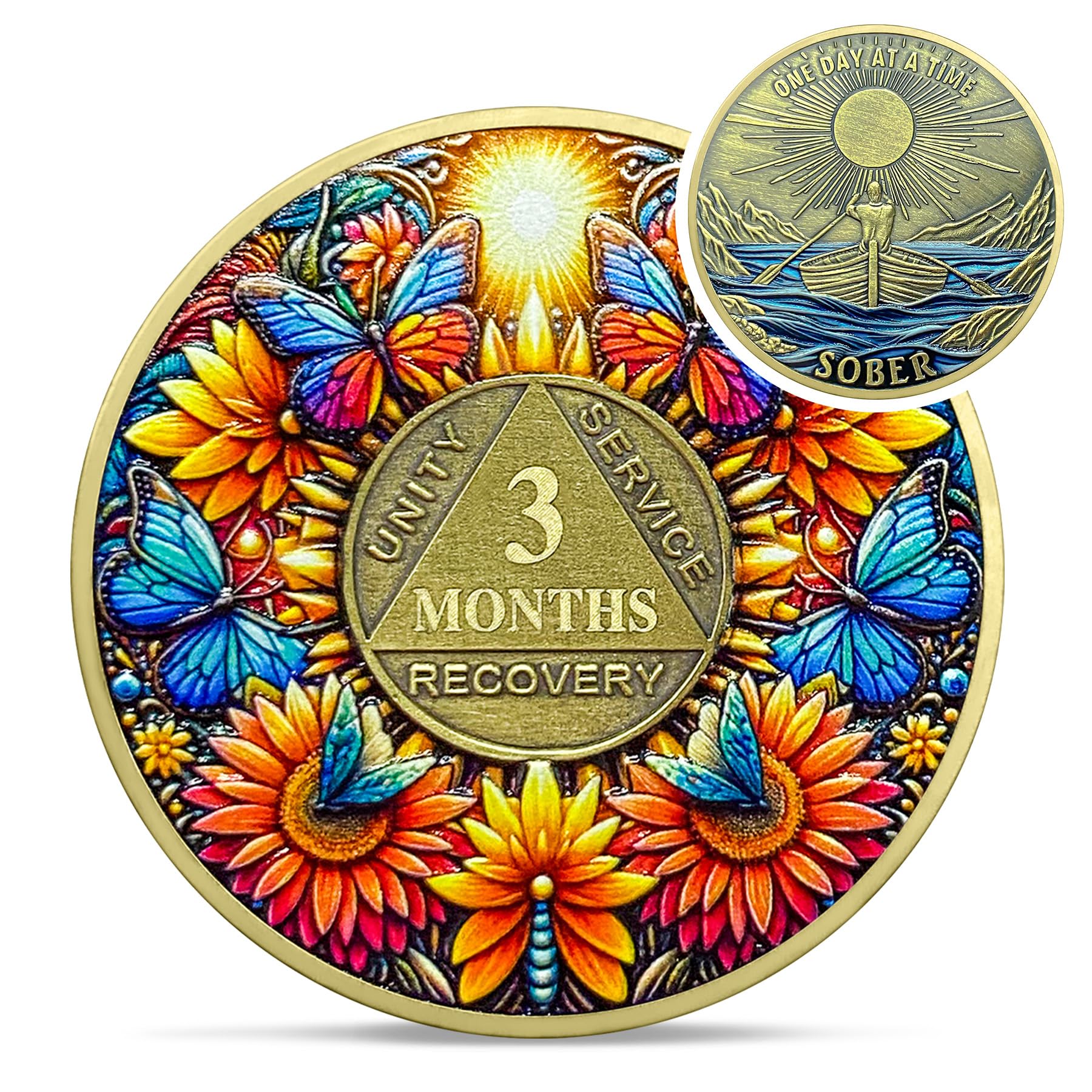 Delicate Sunflower 3 Month Sobriety Coin - One Day at A Time 90 Day AA Sobriety Chip - Recovery Butterfly NA AA Chips and Medallions - 1-40 Years Living Clean Alcoholics Anonymous Gifts for Men Women