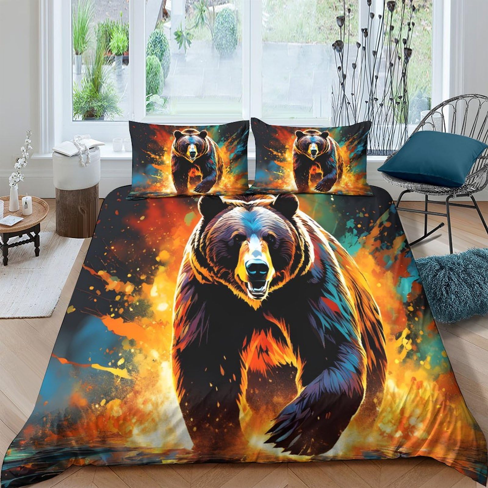Housse de couette ours 3D pour chambre d'enfant et adulte lit 200x200cm ambiance nature