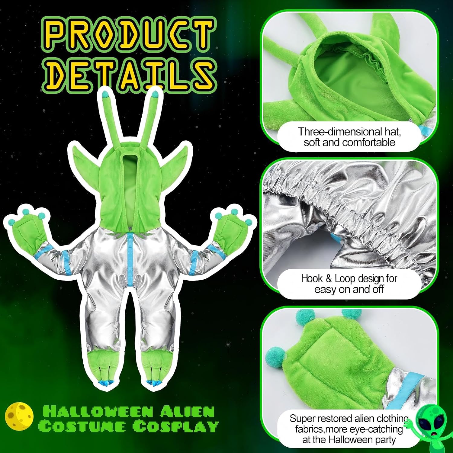 Huhumy Green Alien Costume for Small Dog, Medium Dog Halloween Astronaut Outfits Alien Pet Costume Cute Hooded with Reflective Outfits for Puppy Kitten Halloween Cosplay Party(L)
