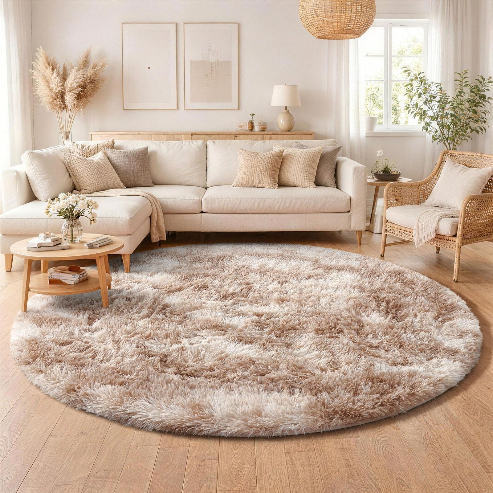 Homaxy Fluffy Large Rugs Living Room, Soft Shaggy Anti Slip Non Shedding Carpet, High Pile Modern Washable Area Rug for Nursery Bedroom, Easy Care Home Decor, Round 160 cm, Camel