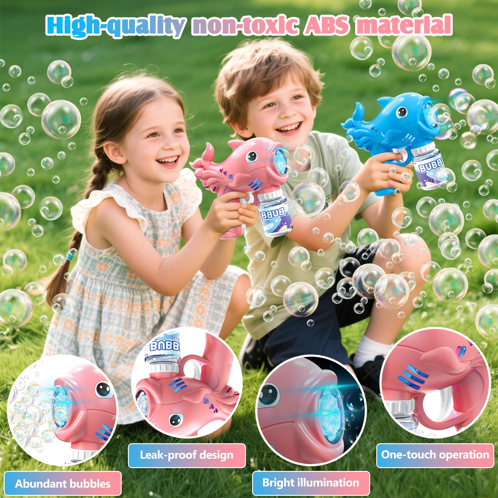 2 Pistola de Burbujas para Niños, Automática Máquina de Burbujas de Jabón con 2×70ML Botellas de Solución, Pompas de Jabon Niños con 8 Aberturas & Luces, para Fiesta, Actividades al Aire Libre