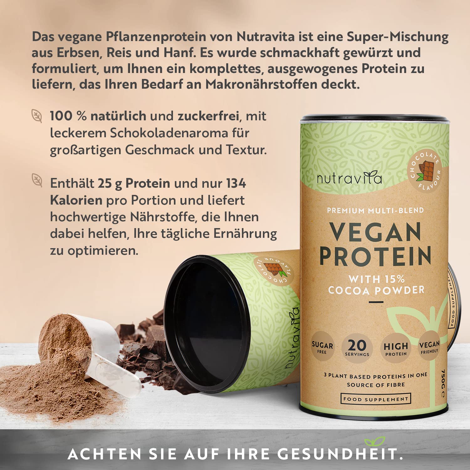 Veganes Proteinpulver - Vegan Protein Pulver Schokoladengeschmack - 25g Protein pro 36g Portion - mit 9 essentiellen Aminosäuren - Erhält die Muskelmasse - Lalorienarm und Zuckerfrei - Nutravita