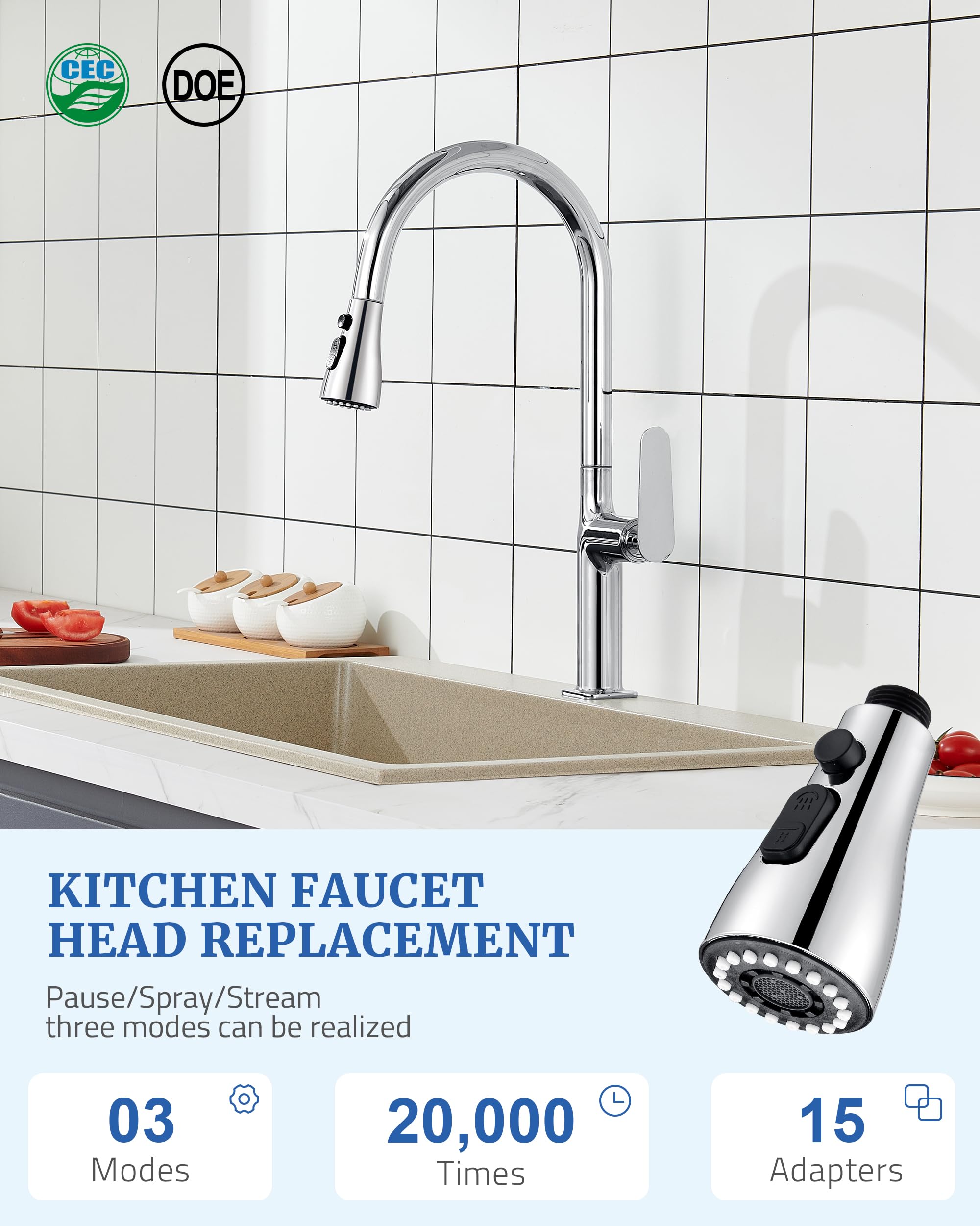 Repuesto de cabezal de grifo de cocina, piezas cromadas del grifo del fregadero de cocina, boquilla de cabezal rociador de grifo extraíble, modo de pulverización de flujo y pausa, JC-PT-ZS-C-A3